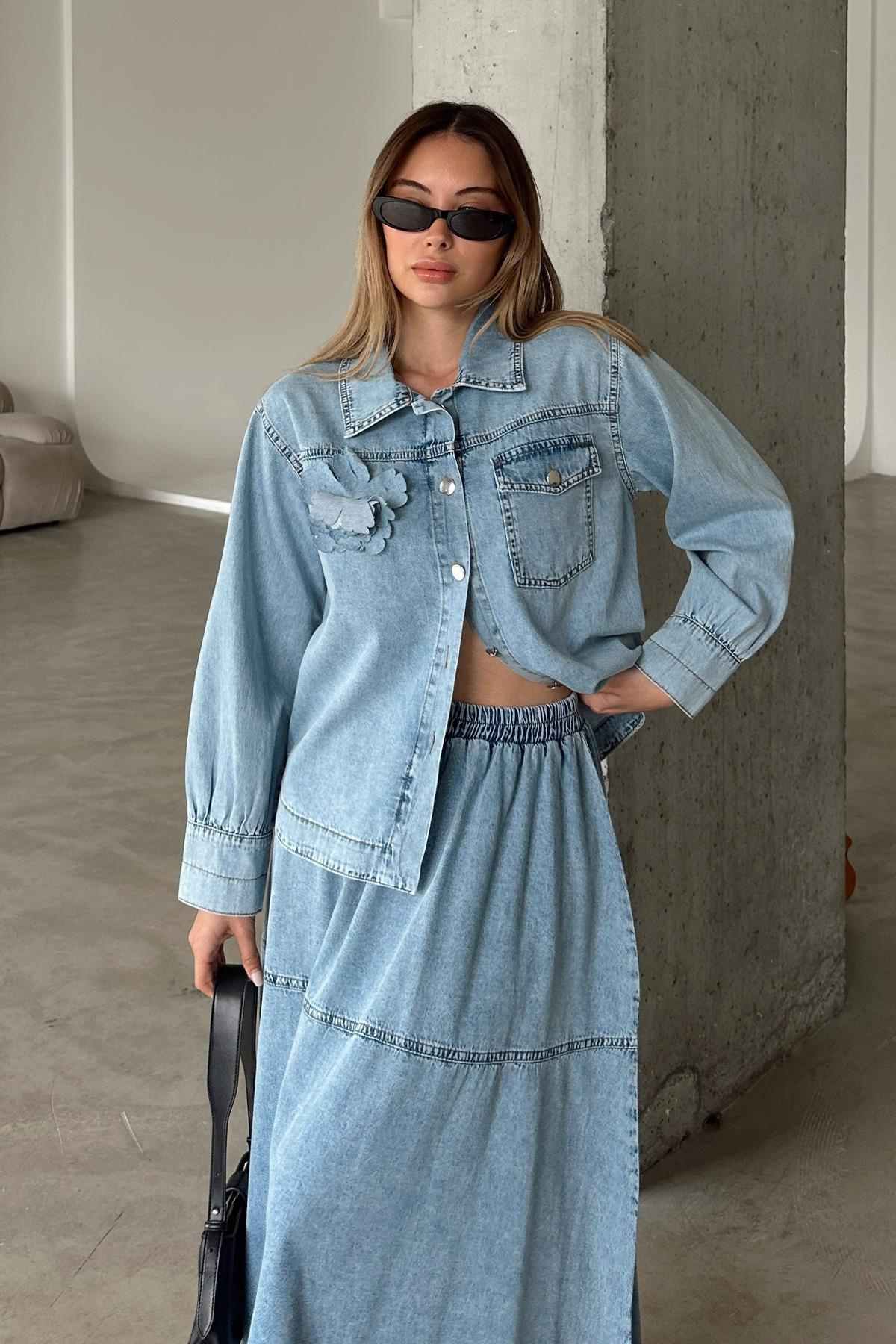 Çiçek Aplikeli Etek Ceket Denim Takım MAVİ 9346-TK