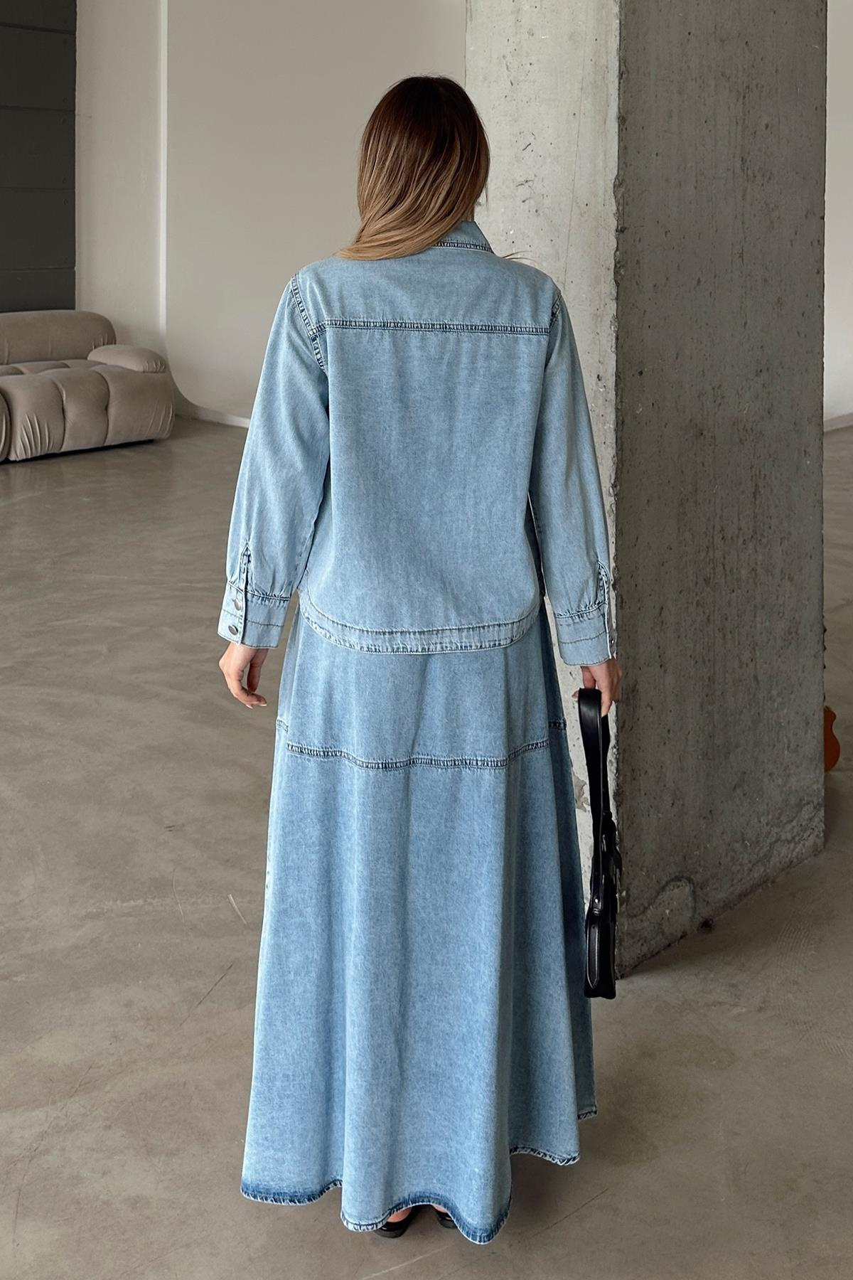 Çiçek Aplikeli Etek Ceket Denim Takım MAVİ 9346-TK