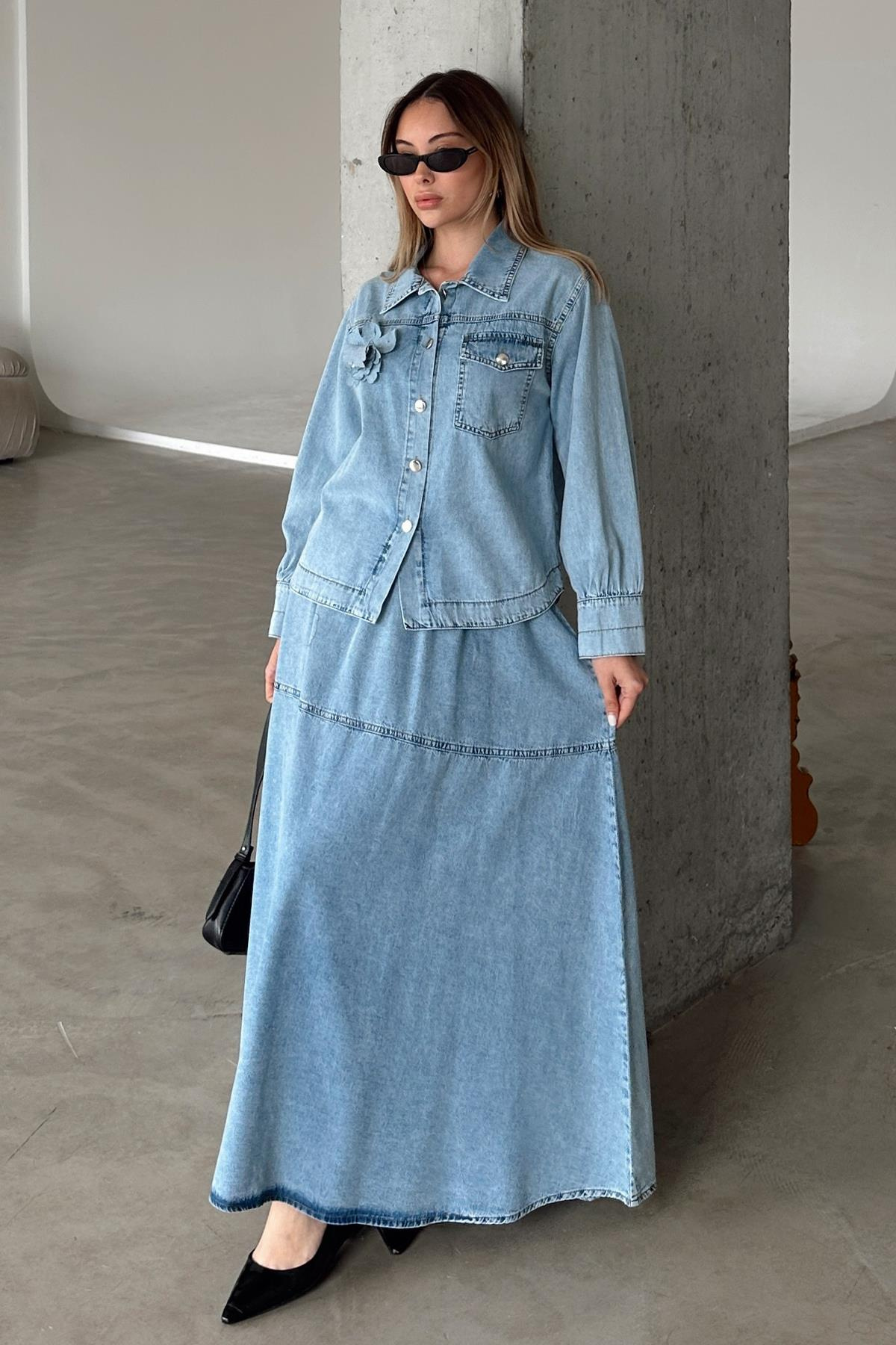 Çiçek Aplikeli Etek Ceket Denim Takım MAVİ 9346-TK