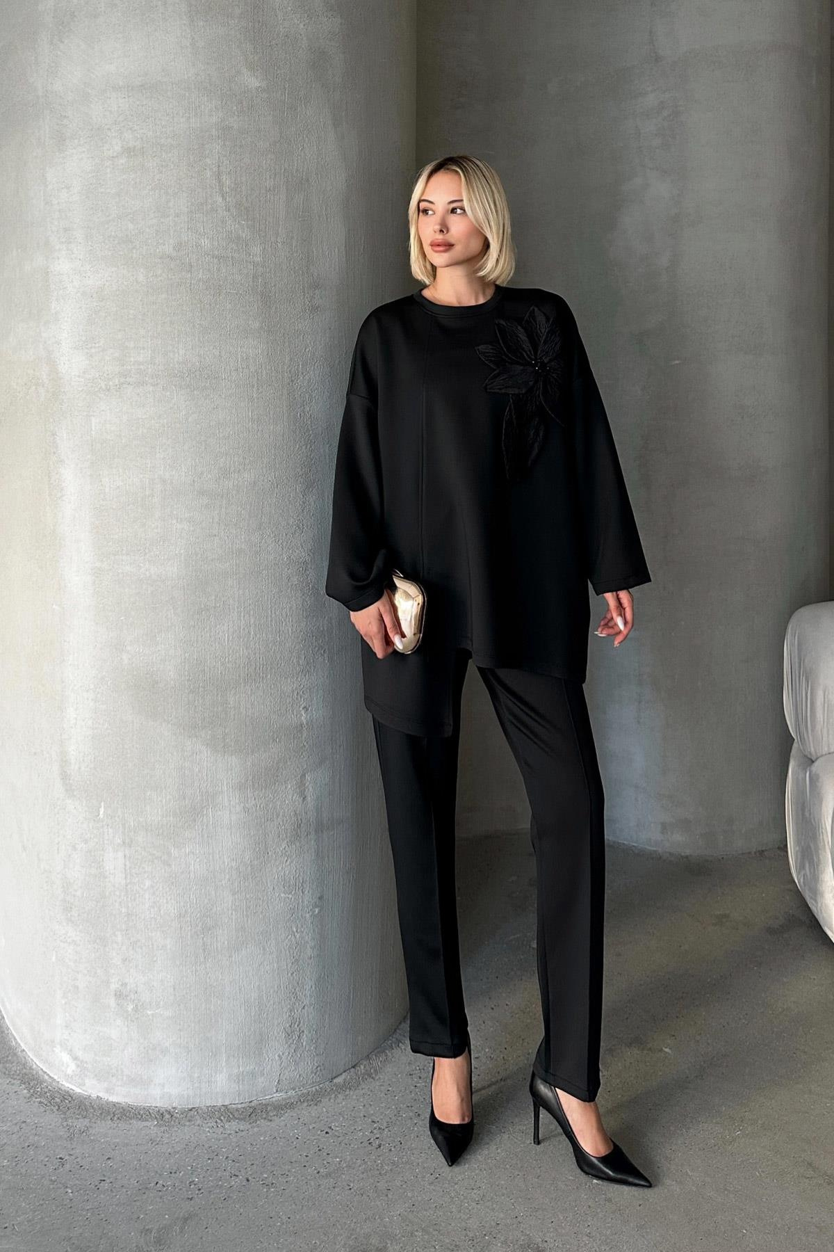 Floral Appliqued Trousers Tunic Scuba Suit BLACK 7945-TK