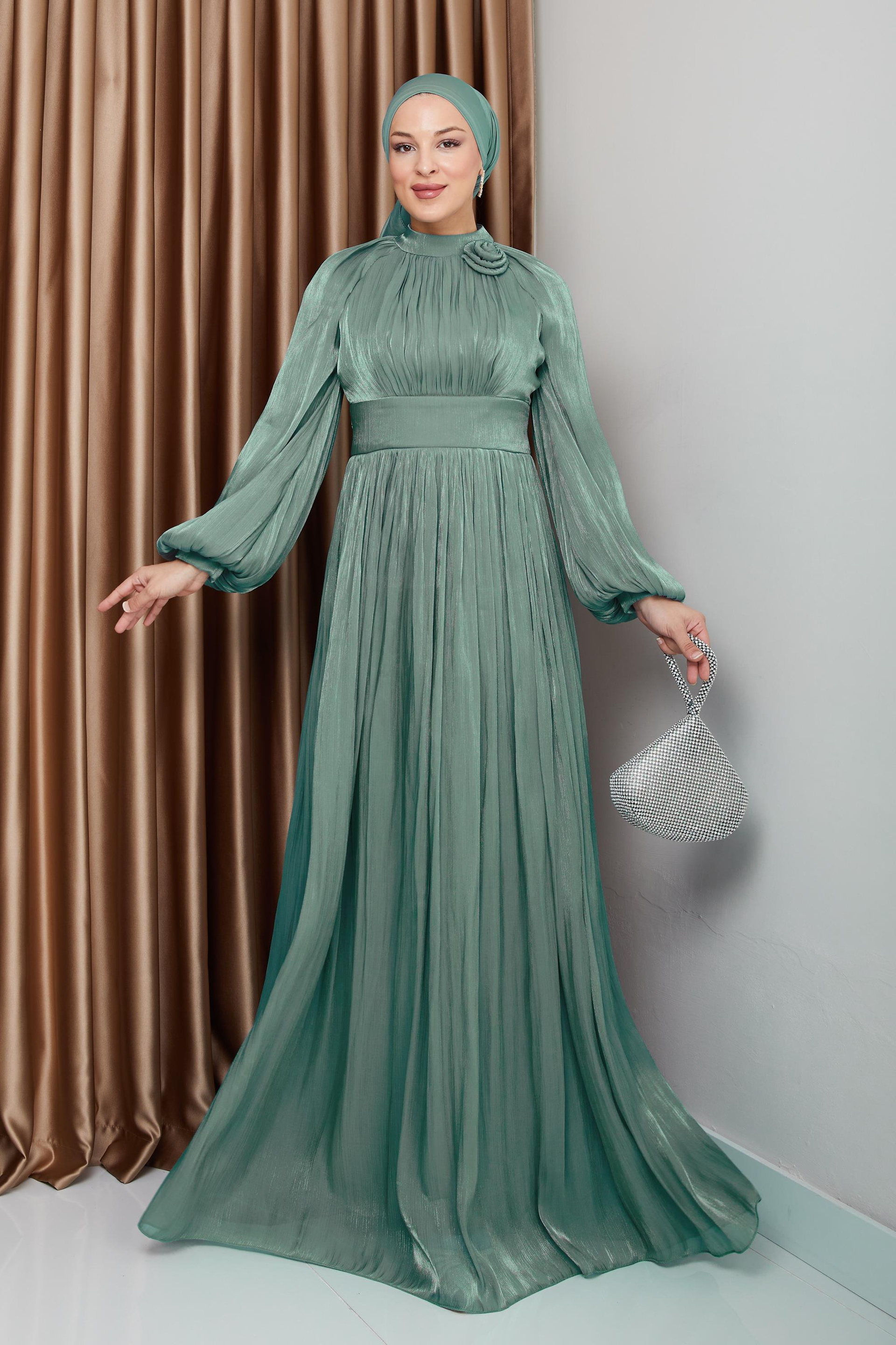 Pleated Yoryo Silk Hijab Evening Dress with Flower Details WATER GREEN 1240