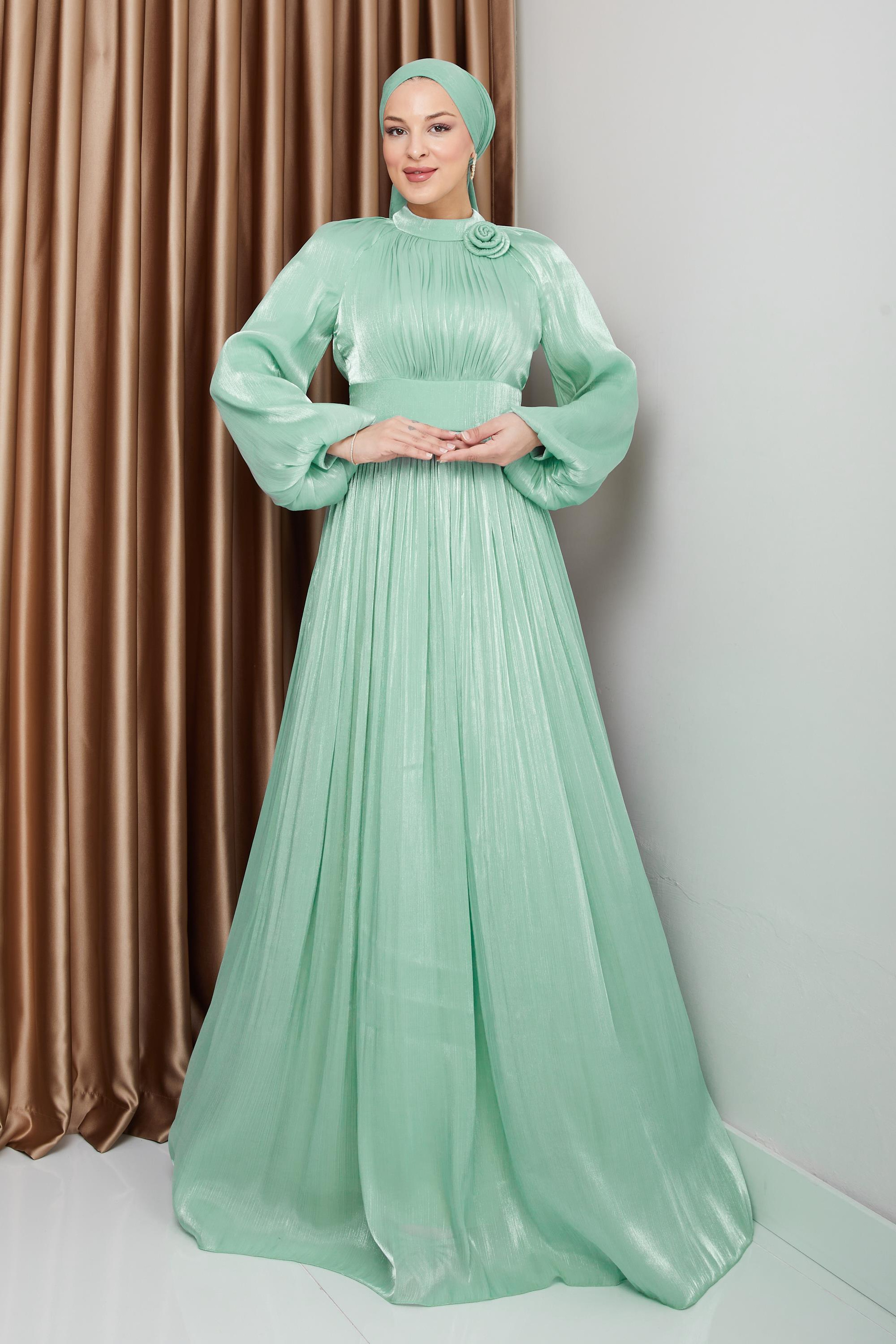 Pleated Yoryo Silk Hijab Evening Dress with Flower Details AS 1240