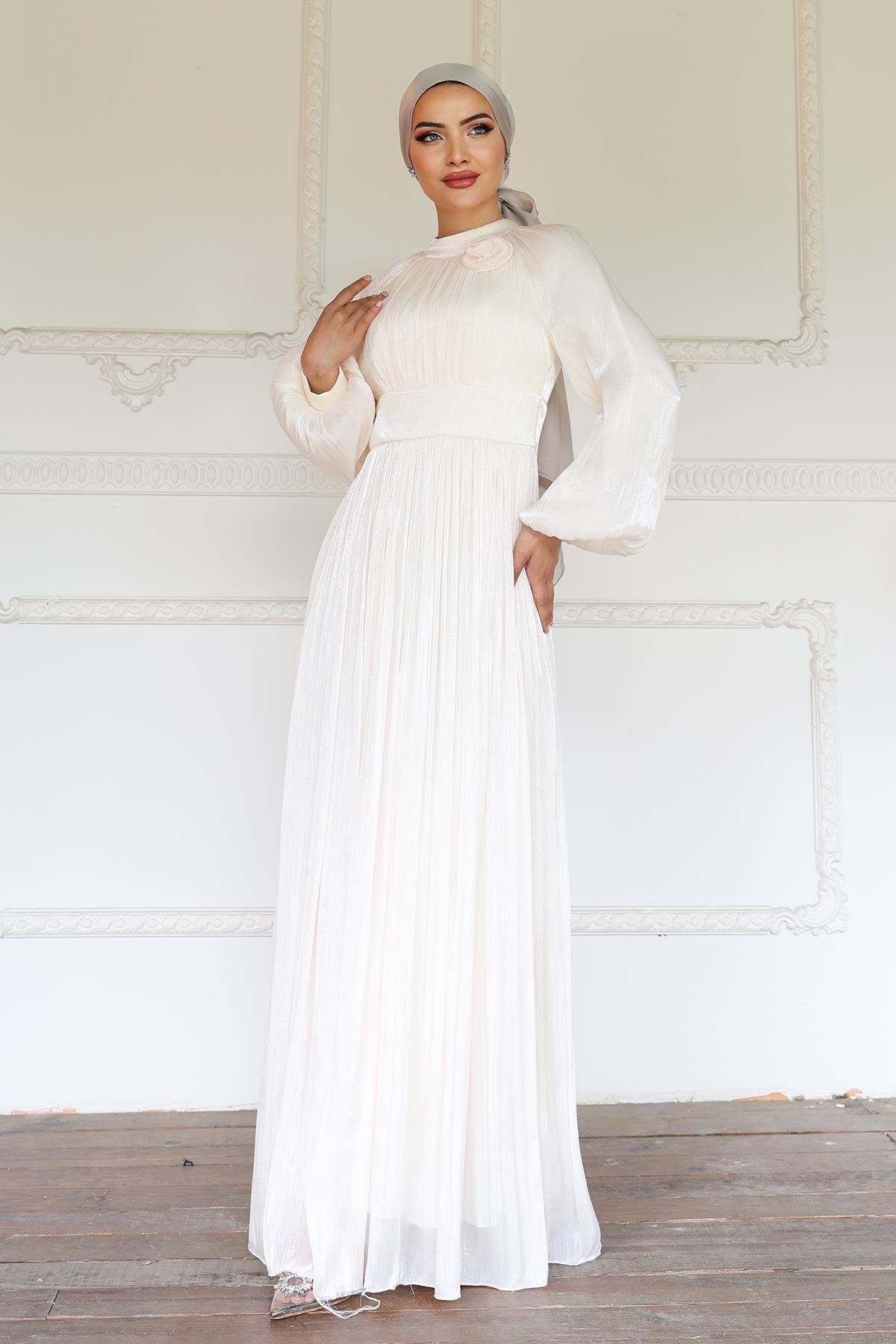 Pleated Yoryo Silk Hijab Evening Dress with Flower Details IVORY 1240