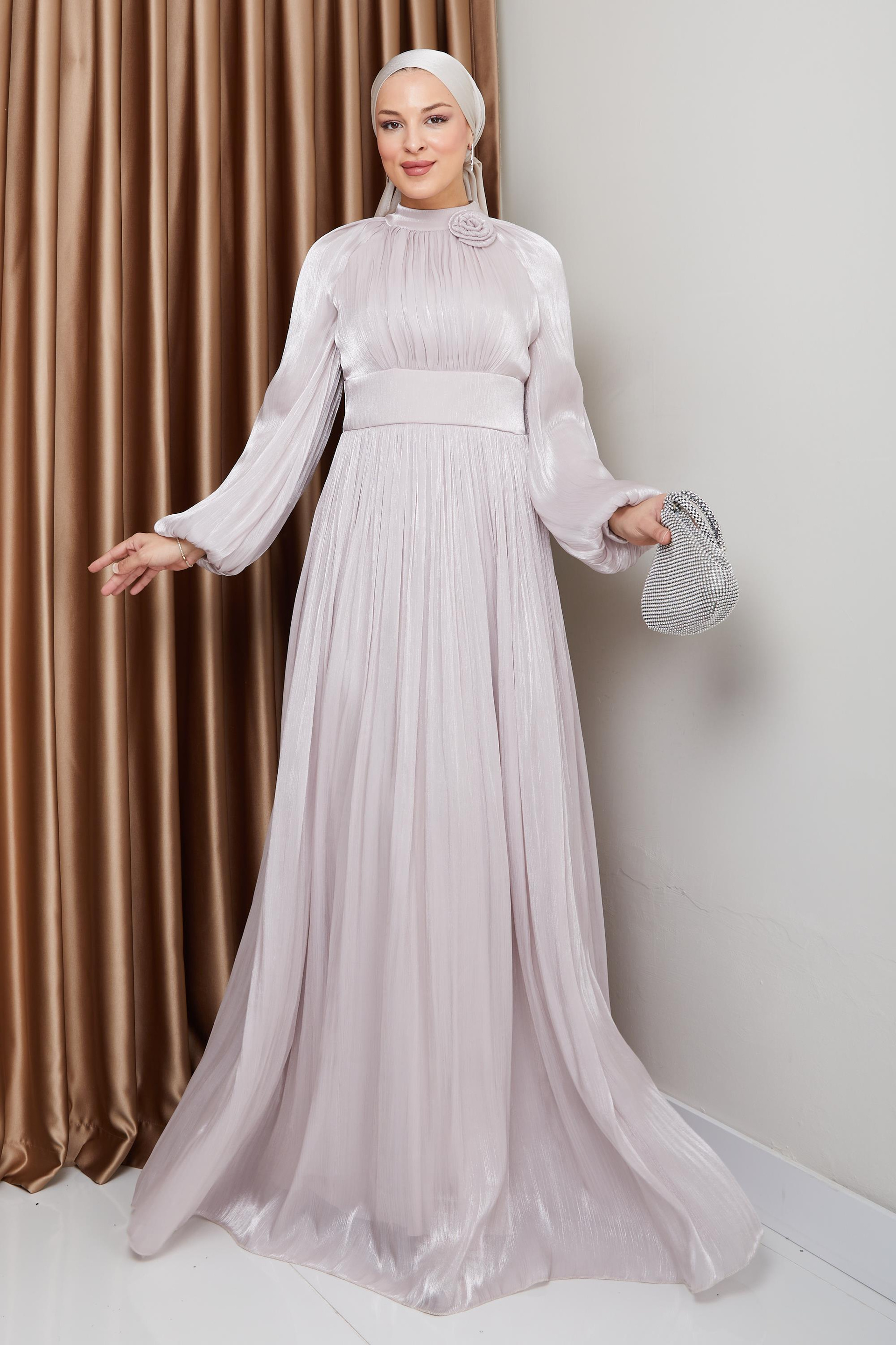Pleated Yoryo Silk Hijab Evening Dress with Flower Details STONE 1240
