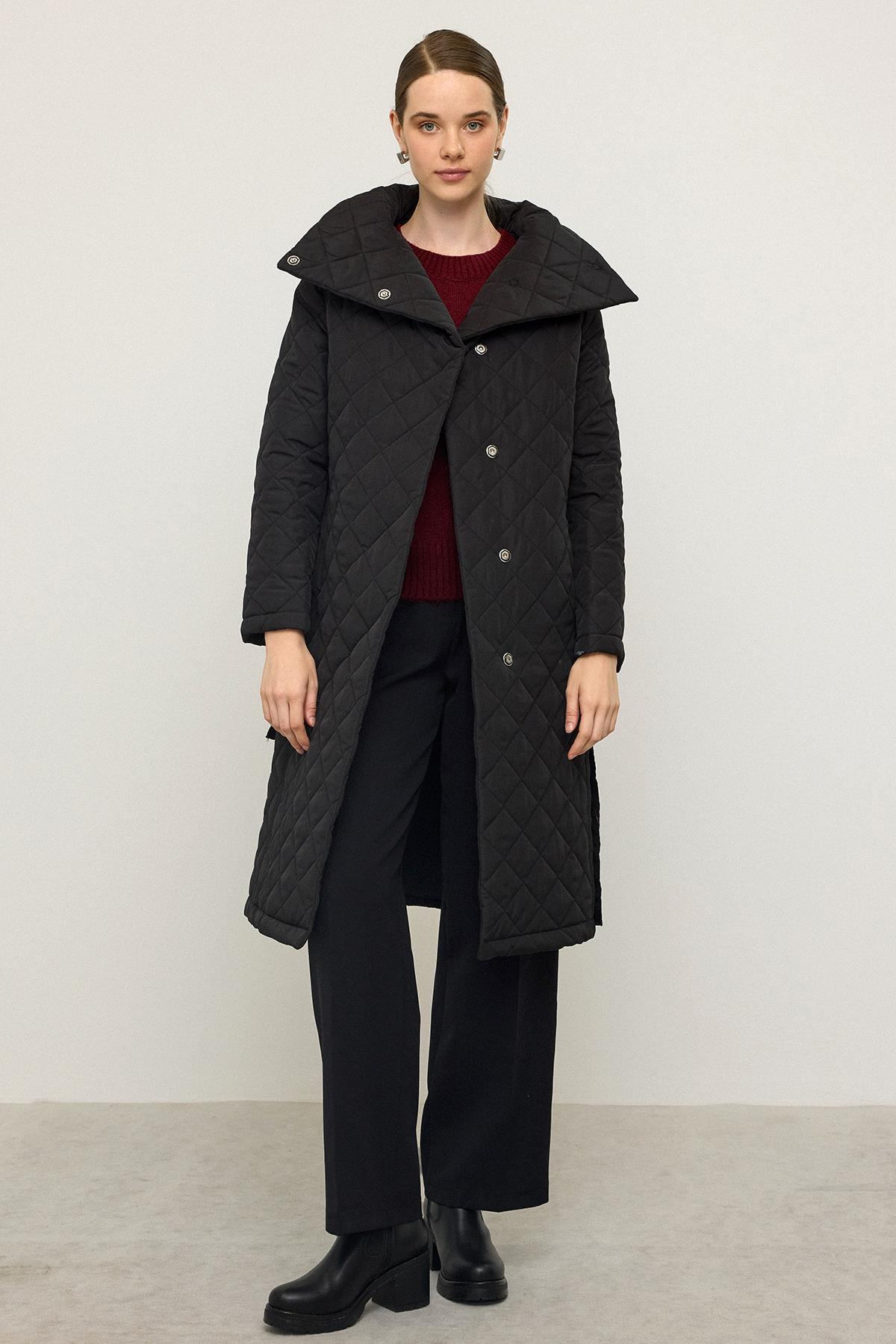 Removable Hooded Turn-down Collar Quilted Coat BLACK 6792