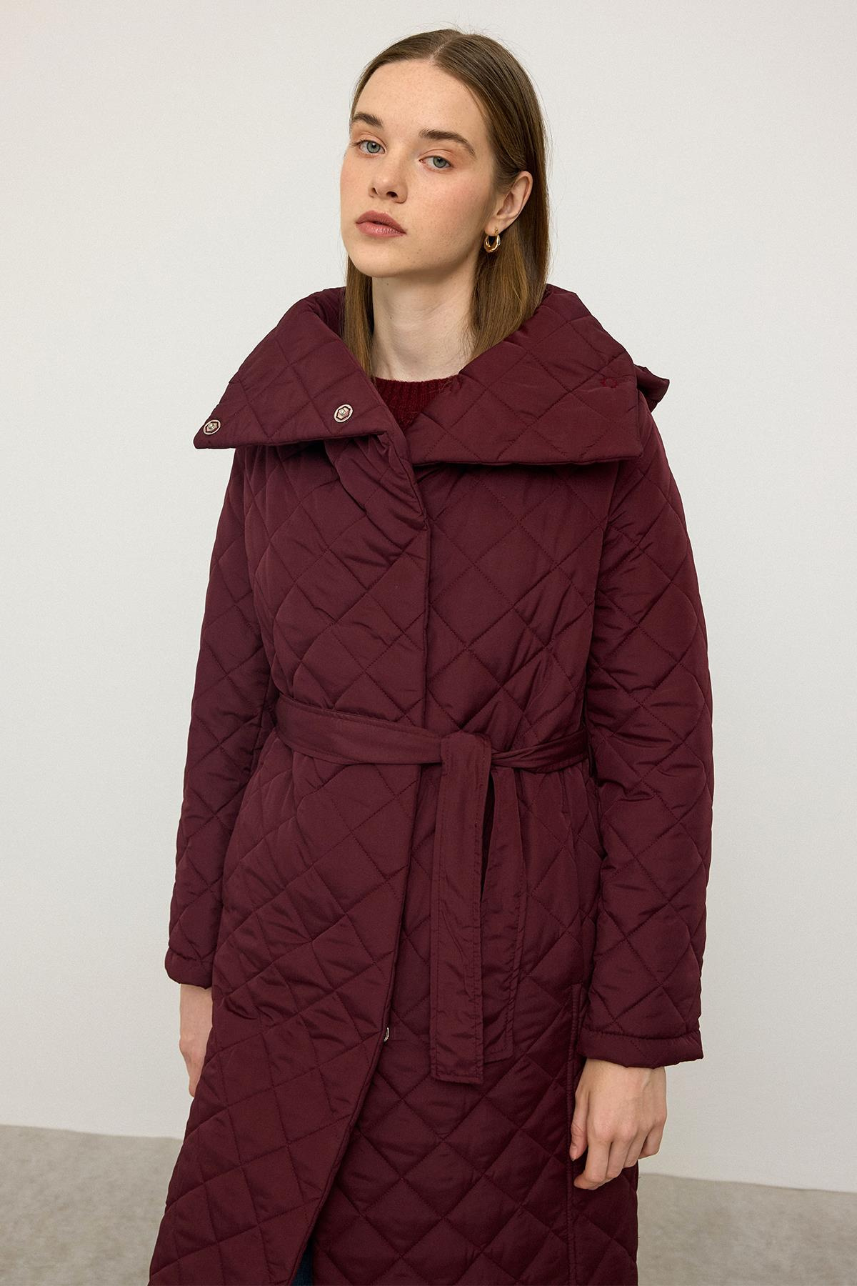 Removable Hooded Turn-down Collar Quilted Coat CLARET RED 6792
