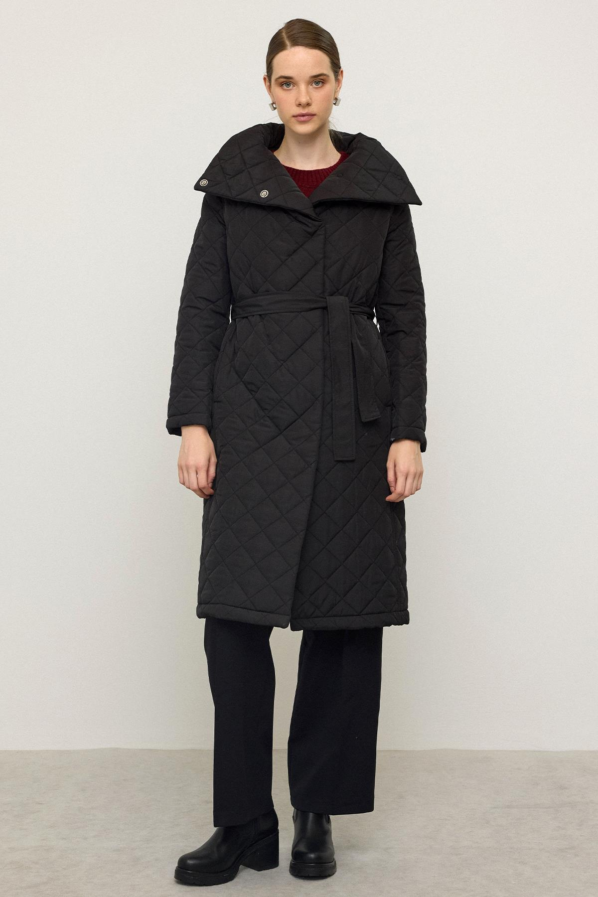 Removable Hooded Turn-down Collar Quilted Coat BLACK 6792
