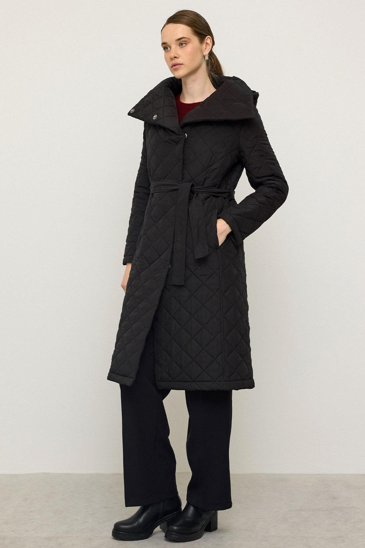 Removable Hooded Turn-down Collar Quilted Coat BLACK 6792