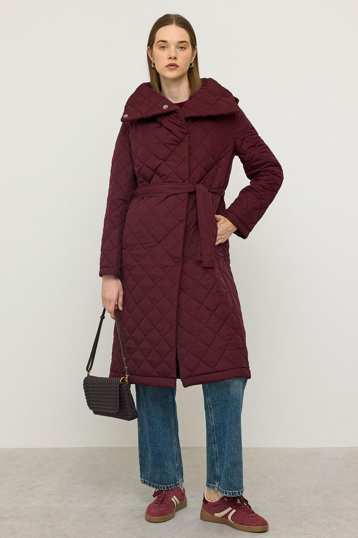 Removable Hooded Turn-down Collar Quilted Coat CLARET RED 6792