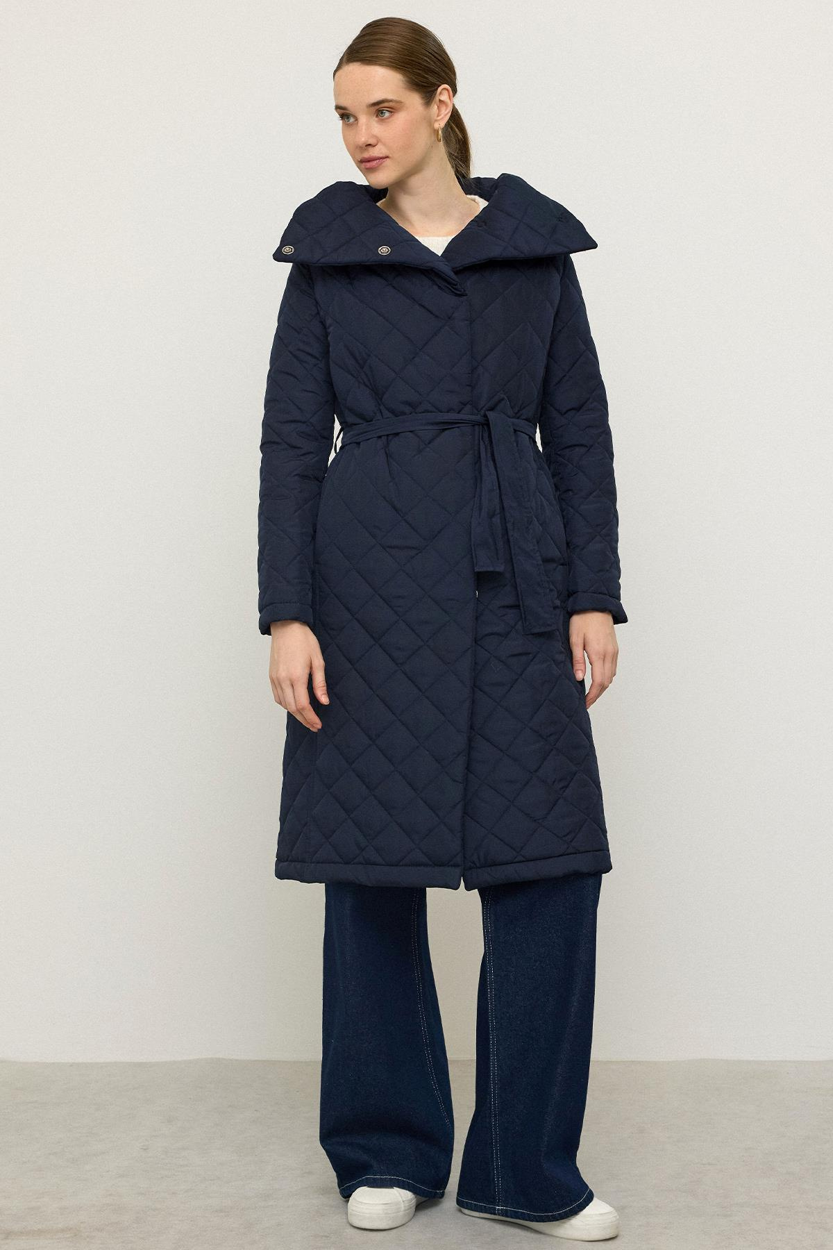 Removable Hooded Turn-down Collar Quilted Coat NAVY 6792