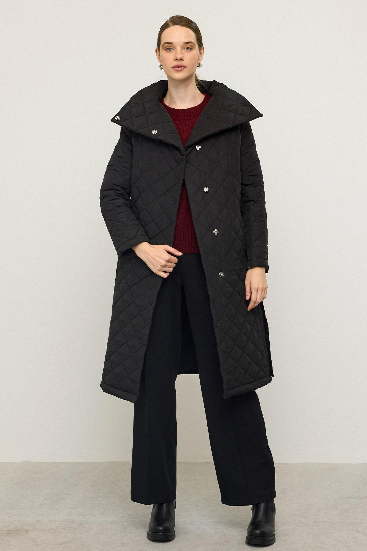 Removable Hooded Turn-down Collar Quilted Coat BLACK 6792