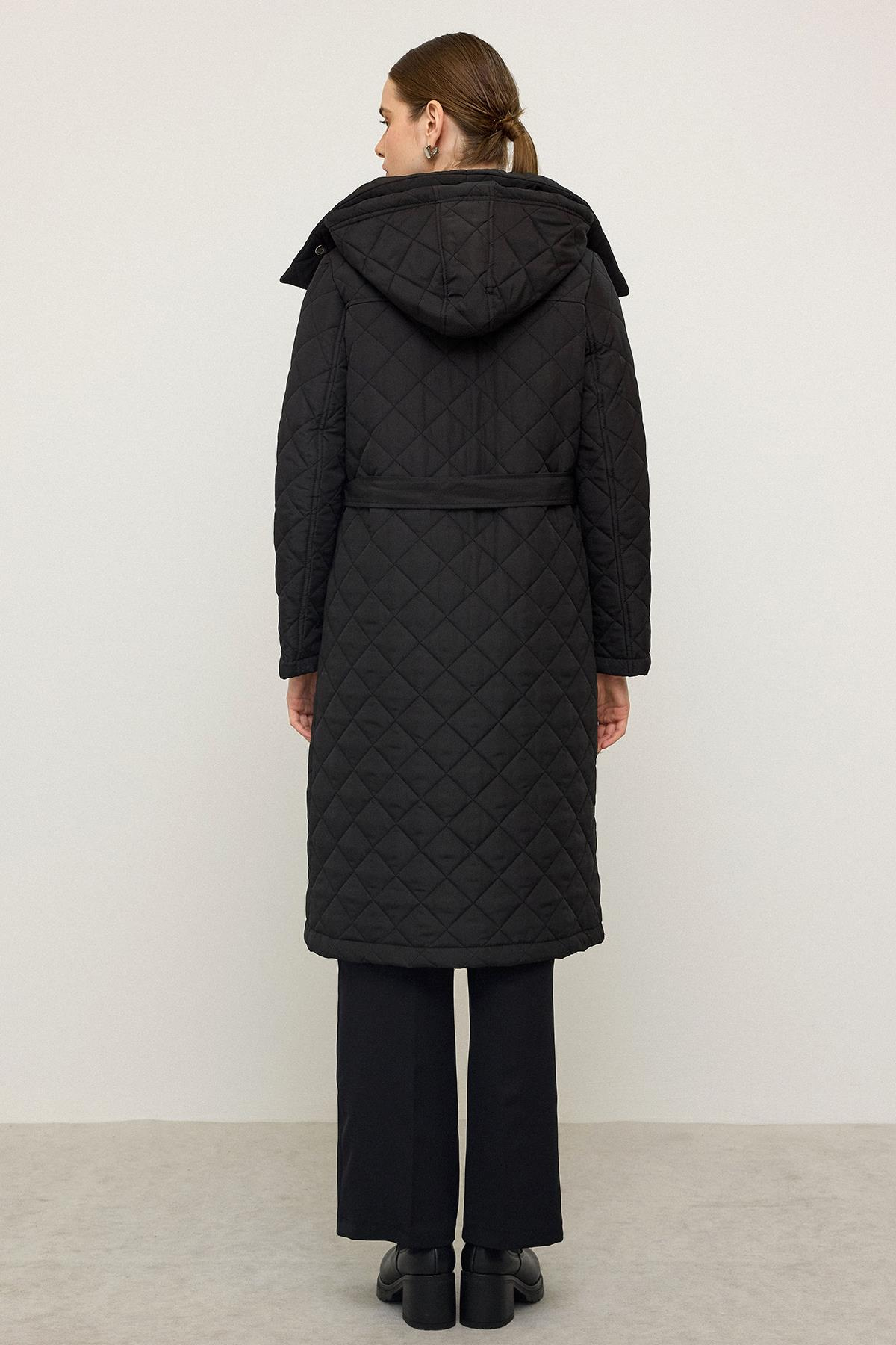 Removable Hooded Turn-down Collar Quilted Coat BLACK 6792