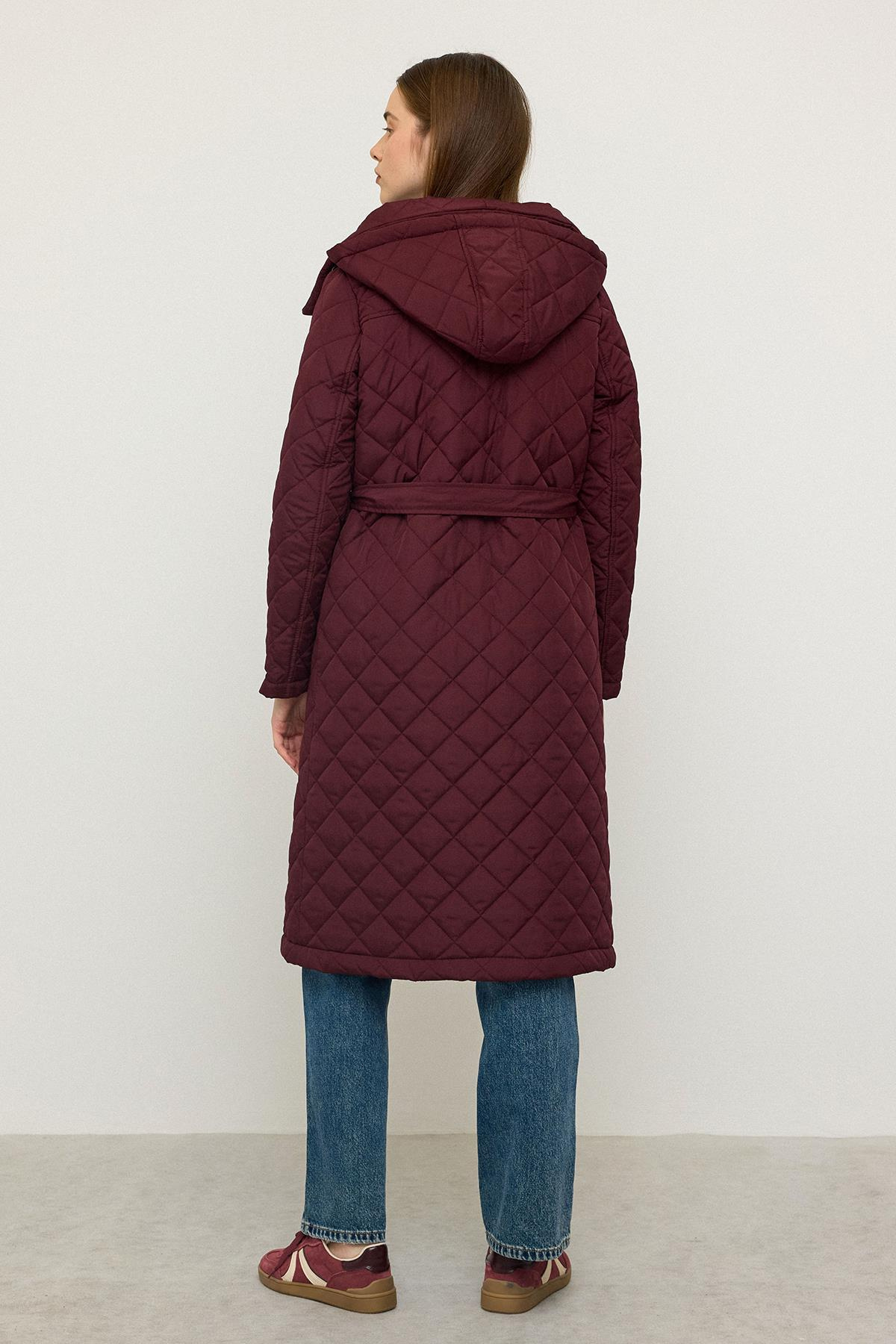 Removable Hooded Turn-down Collar Quilted Coat CLARET RED 6792