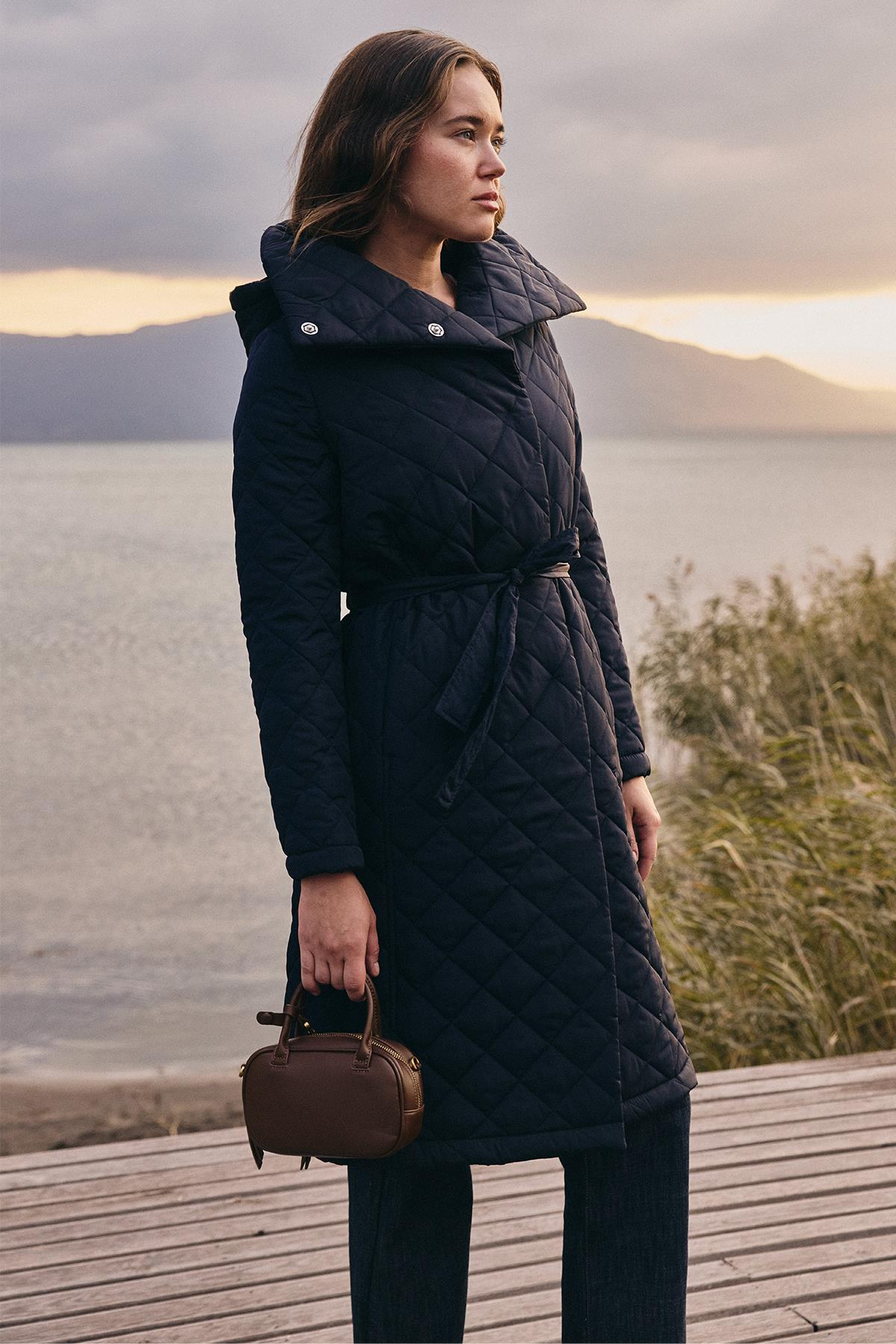 Removable Hooded Turn-down Collar Quilted Coat NAVY 6792