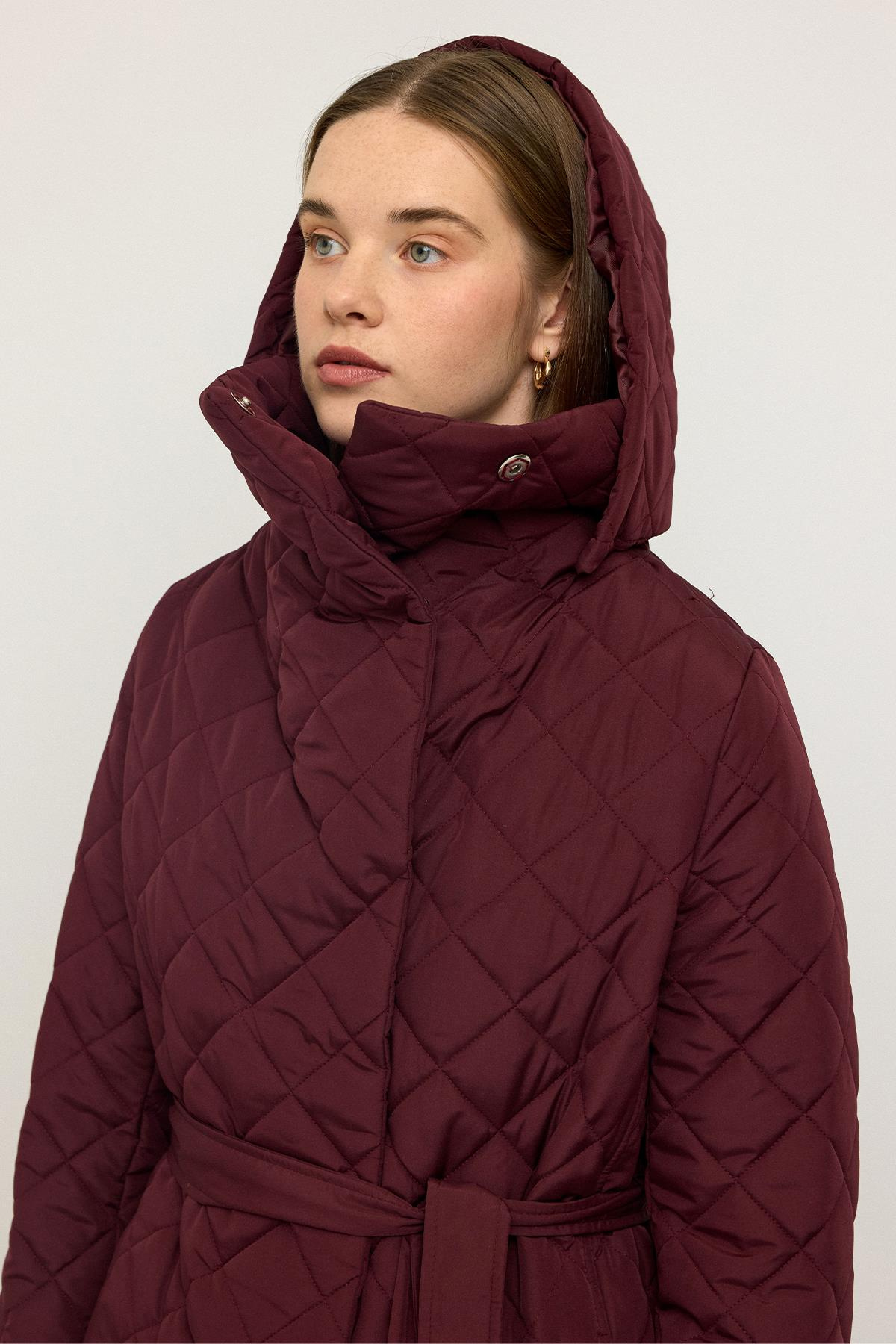 Removable Hooded Turn-down Collar Quilted Coat CLARET RED 6792