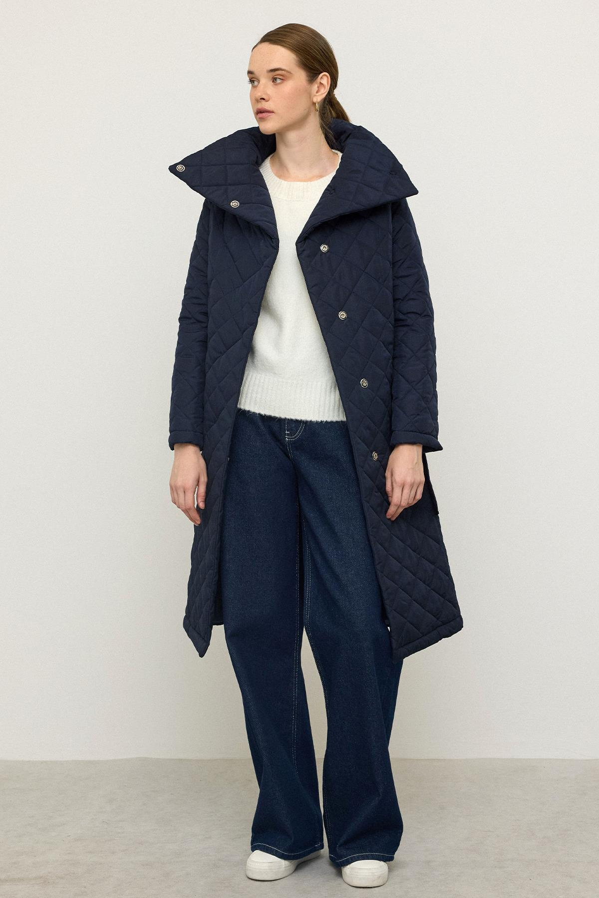 Removable Hooded Turn-down Collar Quilted Coat NAVY 6792