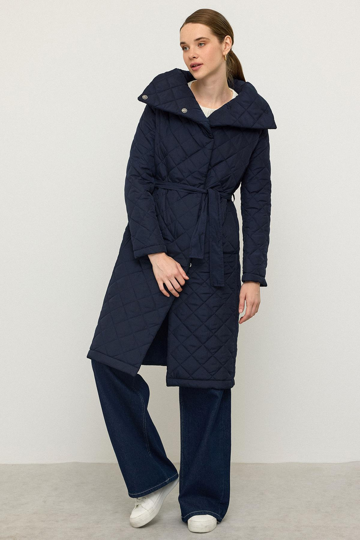 Removable Hooded Turn-down Collar Quilted Coat NAVY 6792