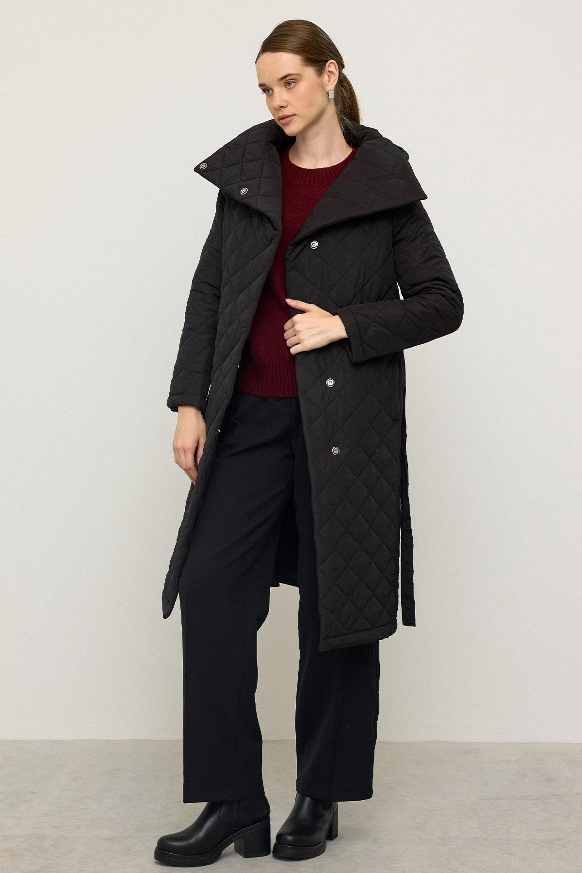 Removable Hooded Turn-down Collar Quilted Coat BLACK 6792