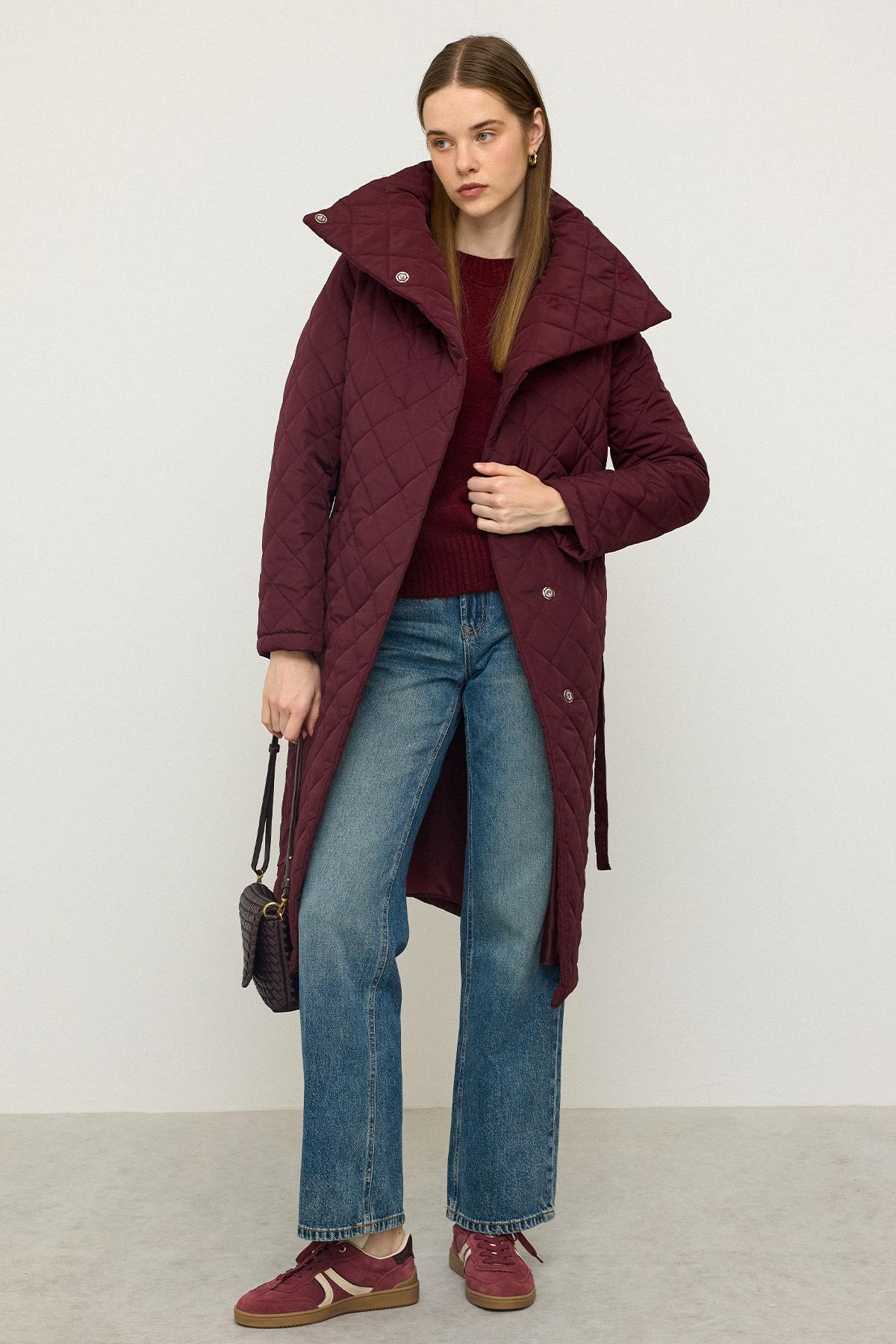 Removable Hooded Turn-down Collar Quilted Coat CLARET RED 6792