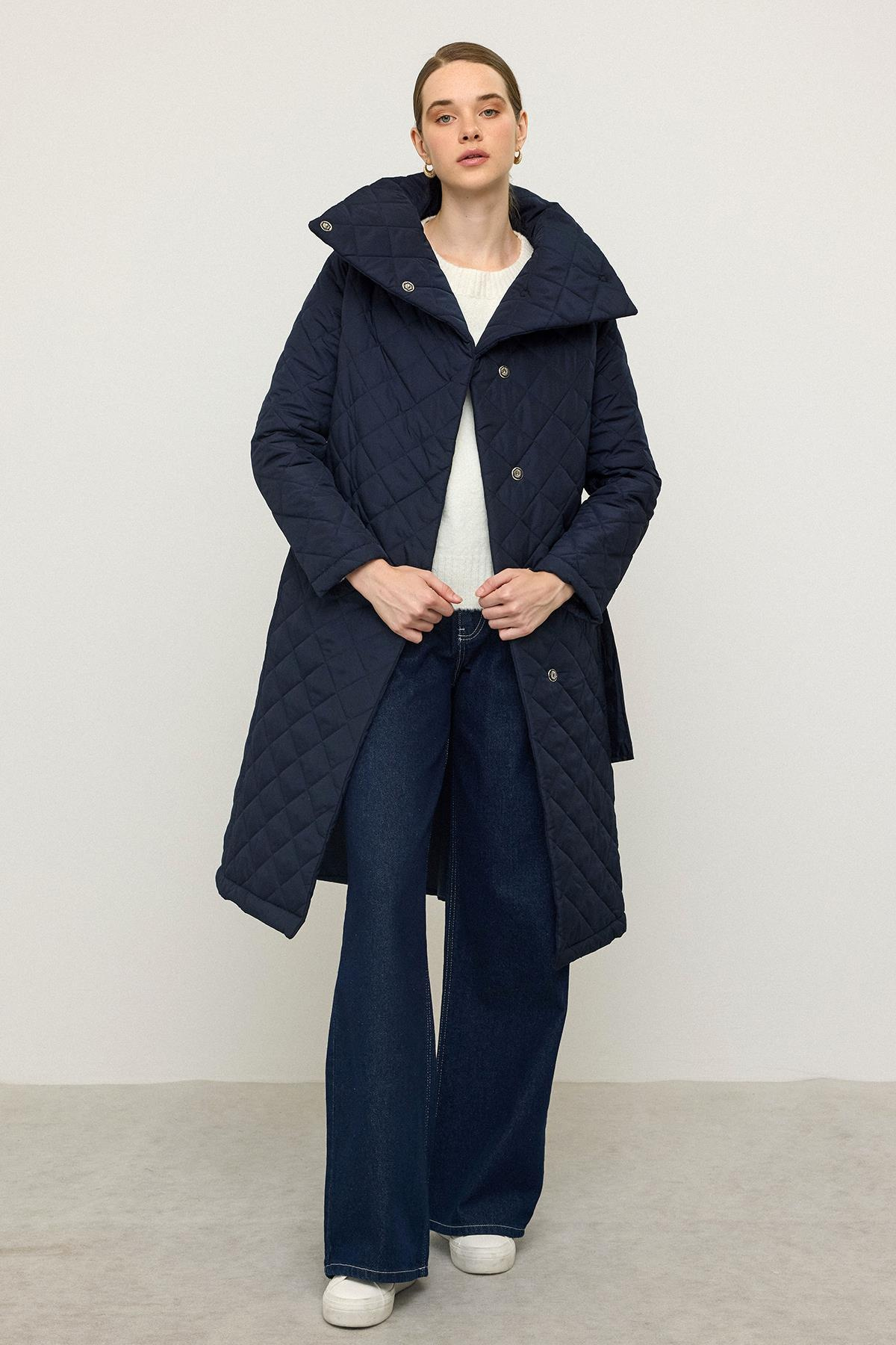 Removable Hooded Turn-down Collar Quilted Coat NAVY 6792