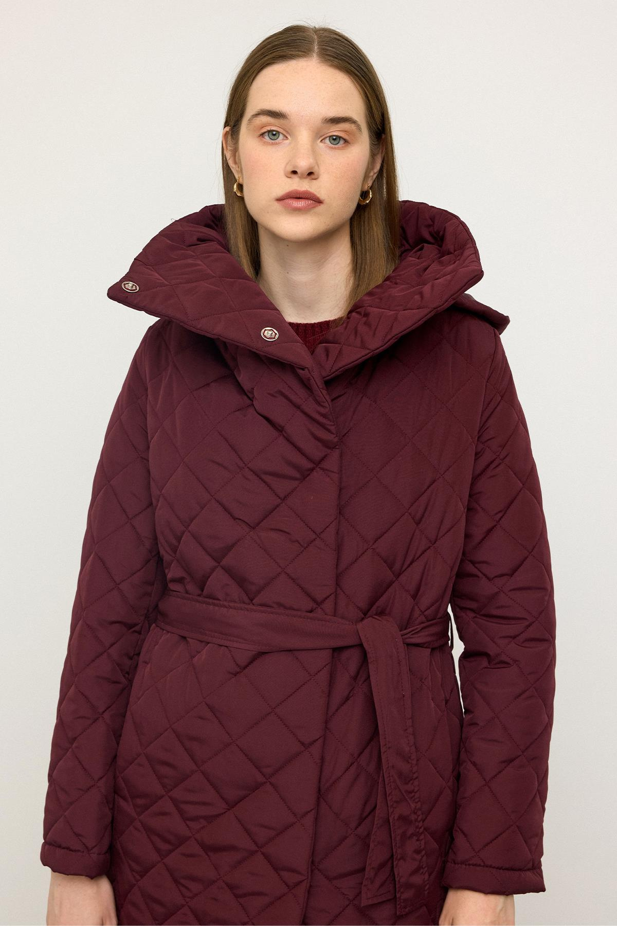 Removable Hooded Turn-down Collar Quilted Coat CLARET RED 6792
