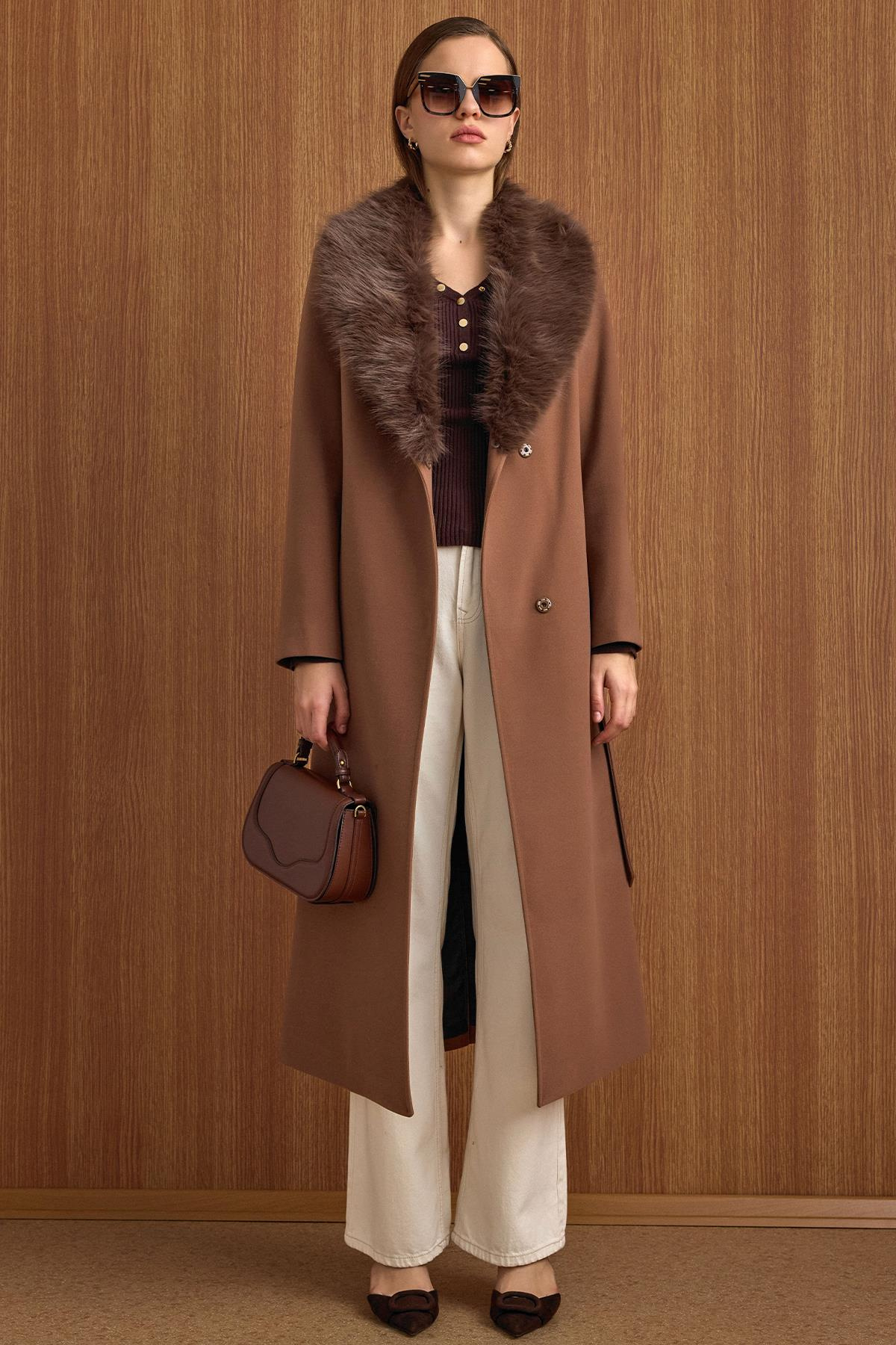 Detachable Fur-Lined Long Coat with Waist Tie CAMEL 3804