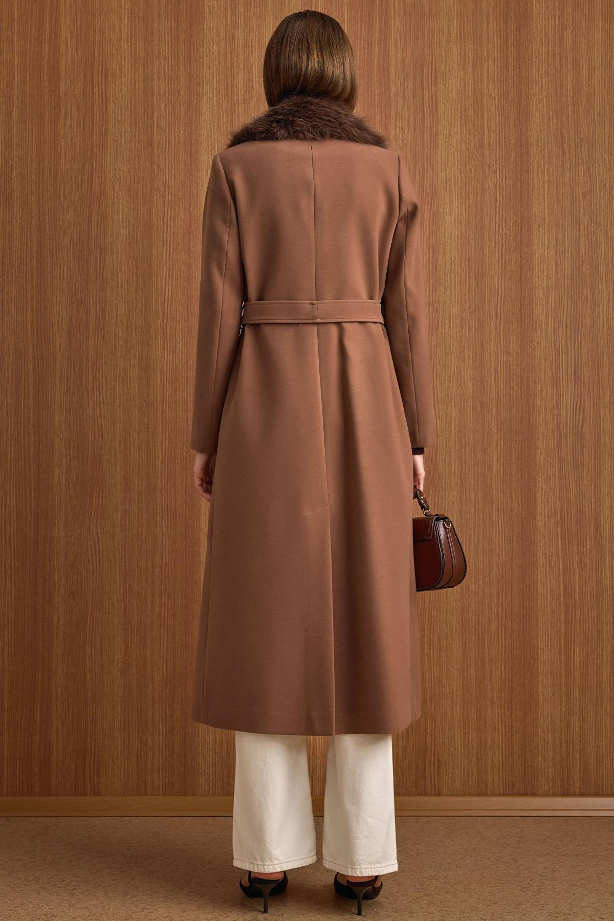 Detachable Fur-Lined Long Coat with Waist Tie CAMEL 3804