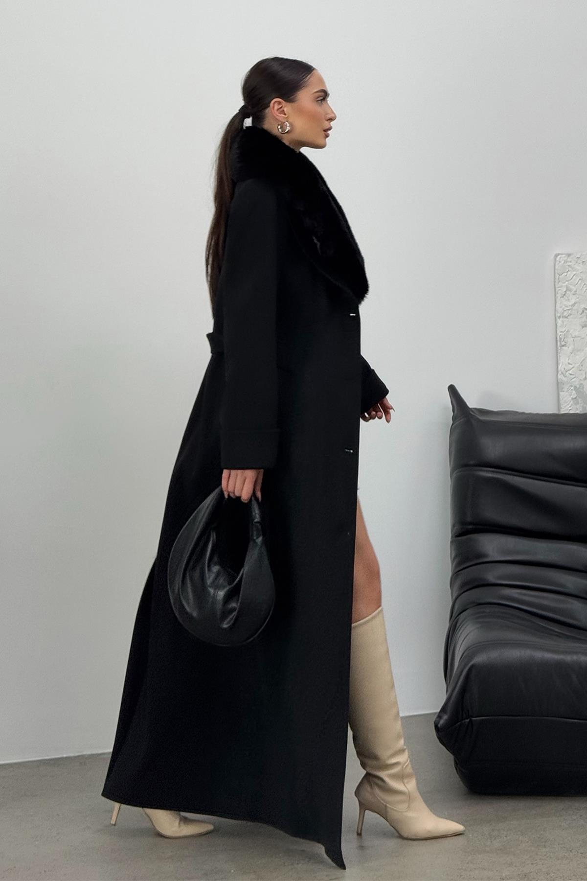 Çıkabilen Kürklü Erkek Yaka Belden Kuşaklı Manto SİYAH 3015-Y