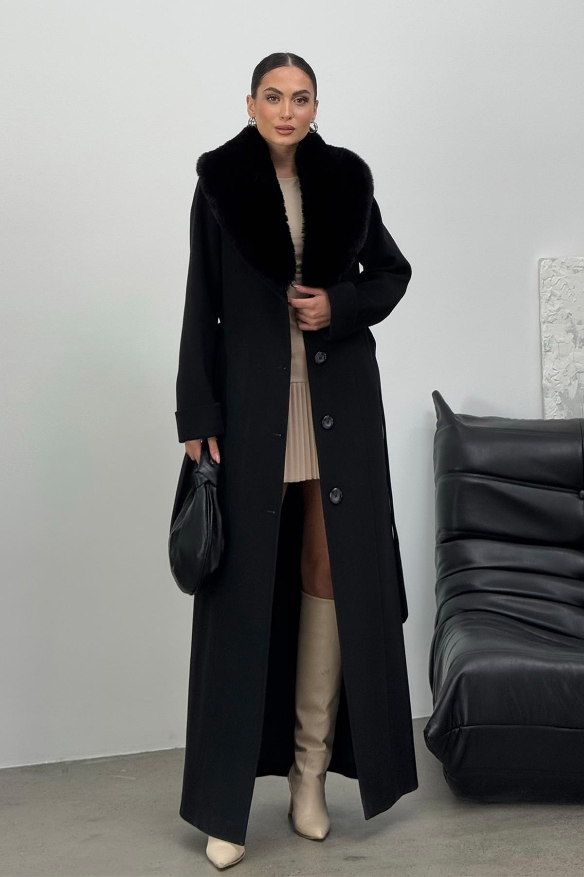 Çıkabilen Kürklü Erkek Yaka Belden Kuşaklı Manto SİYAH 3015-Y