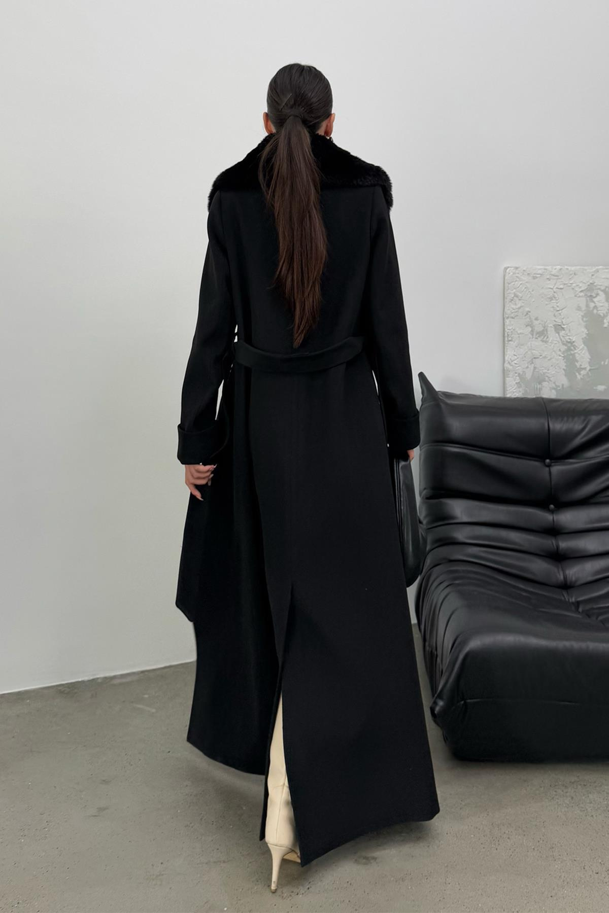 Çıkabilen Kürklü Erkek Yaka Belden Kuşaklı Manto SİYAH 3015-Y