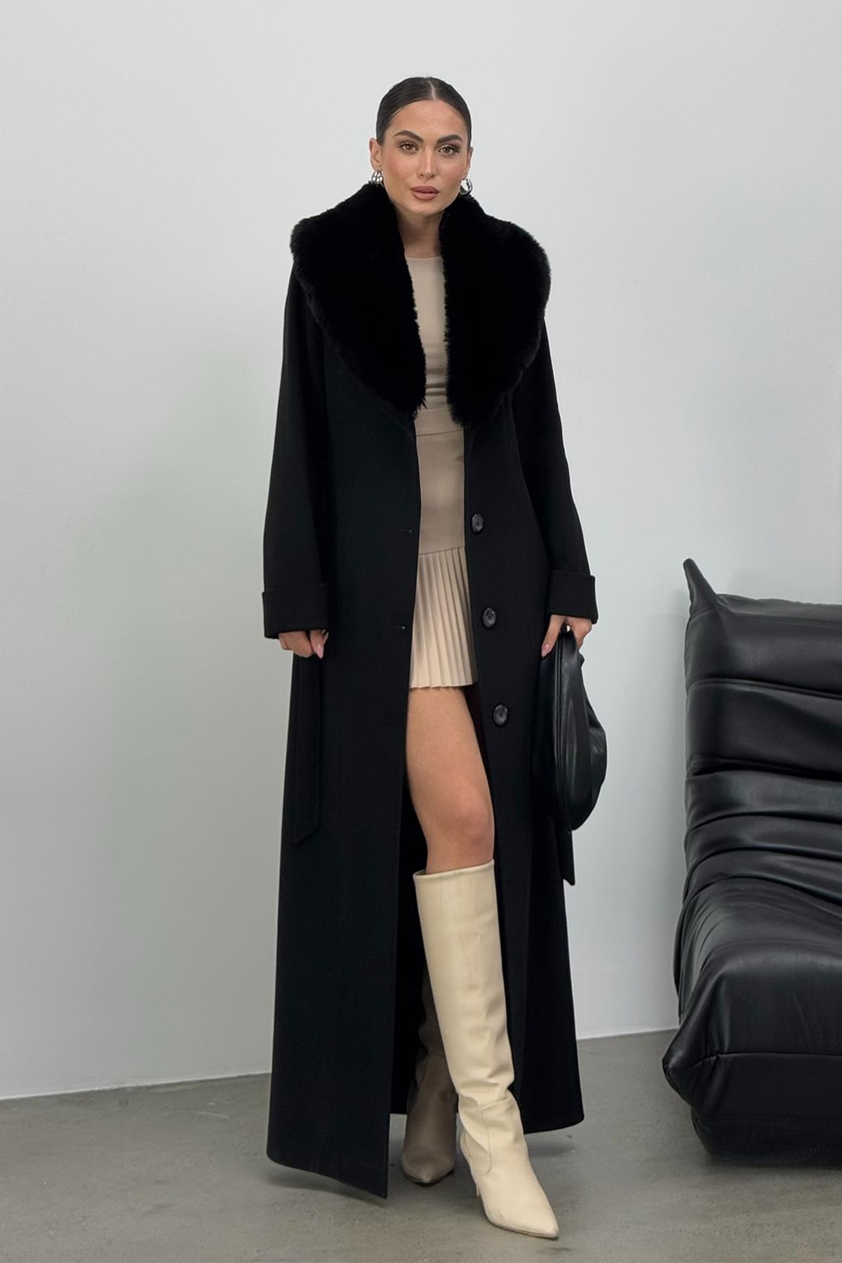 Çıkabilen Kürklü Erkek Yaka Belden Kuşaklı Manto SİYAH 3015-Y