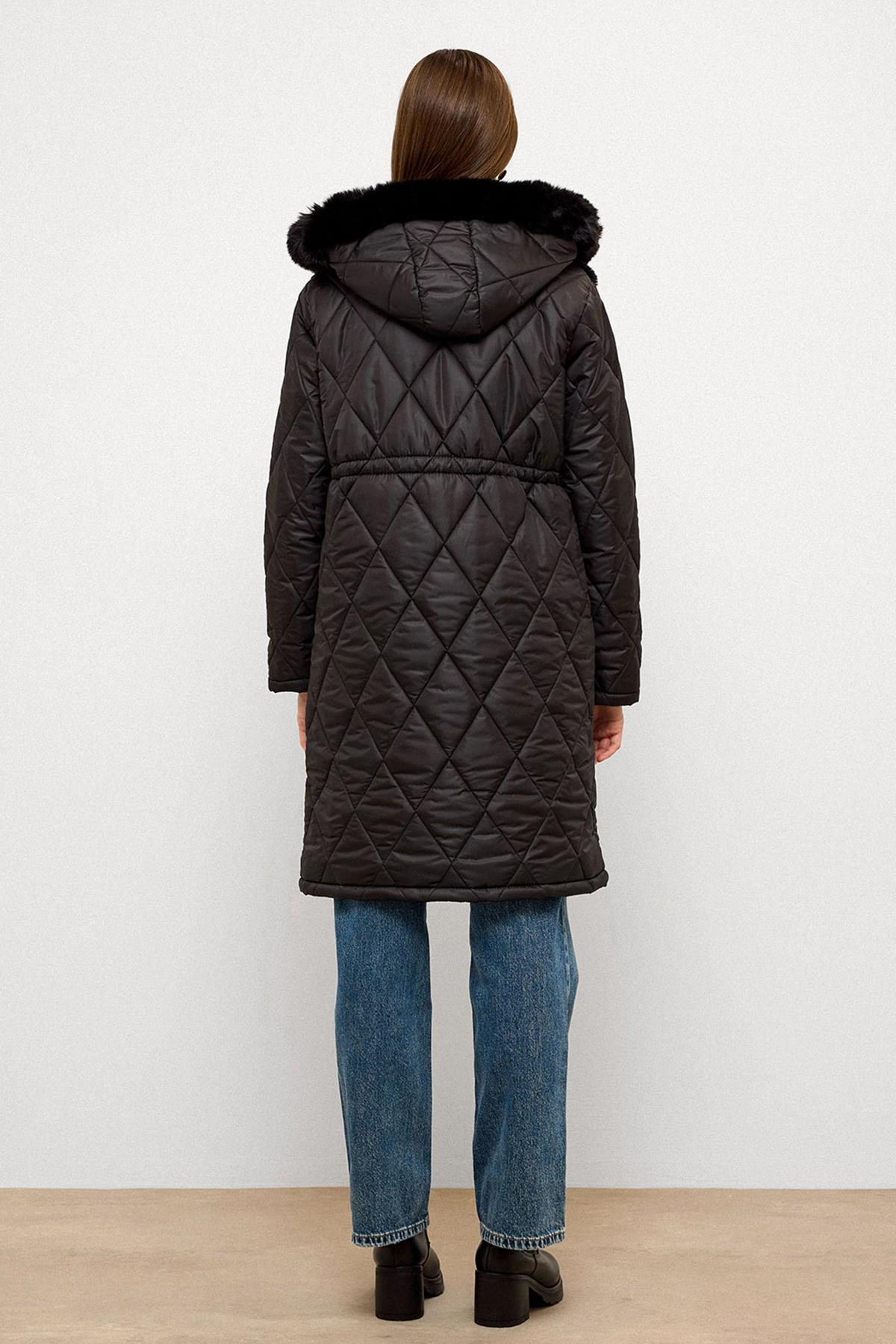Çıkabilen Kürklü Kapüşonlu Pelüş Garnili Kapitone Mont SİYAH 6781