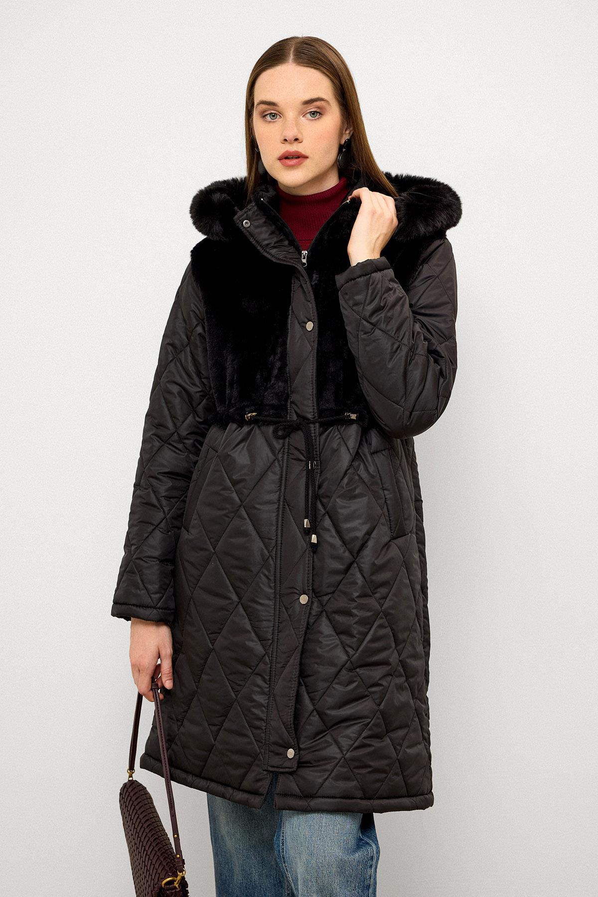 Çıkabilen Kürklü Kapüşonlu Pelüş Garnili Kapitone Mont SİYAH 6781