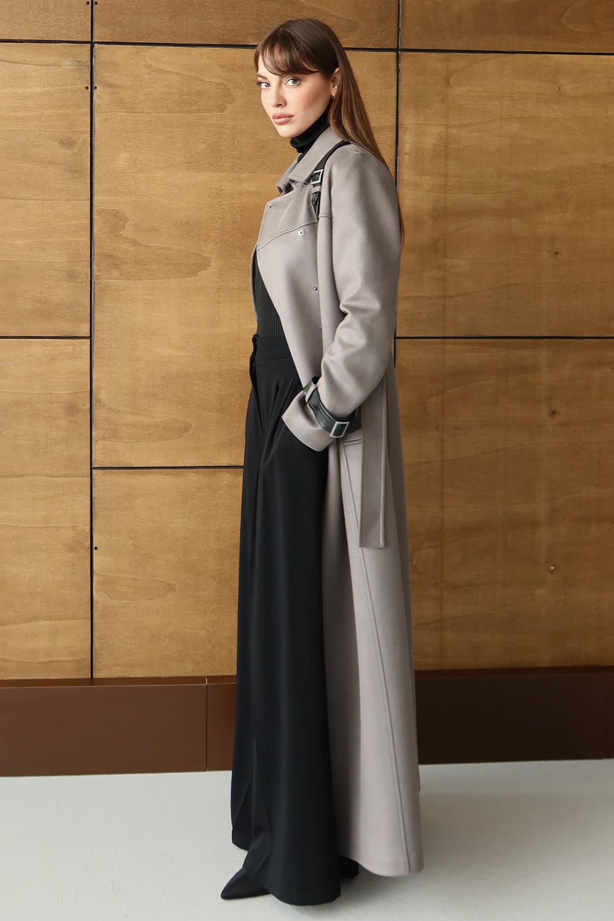 Çıkabilir Kapüşonlu Deri Garnili Gabardin Süet Görünümlü Pardesü GRİ 6806