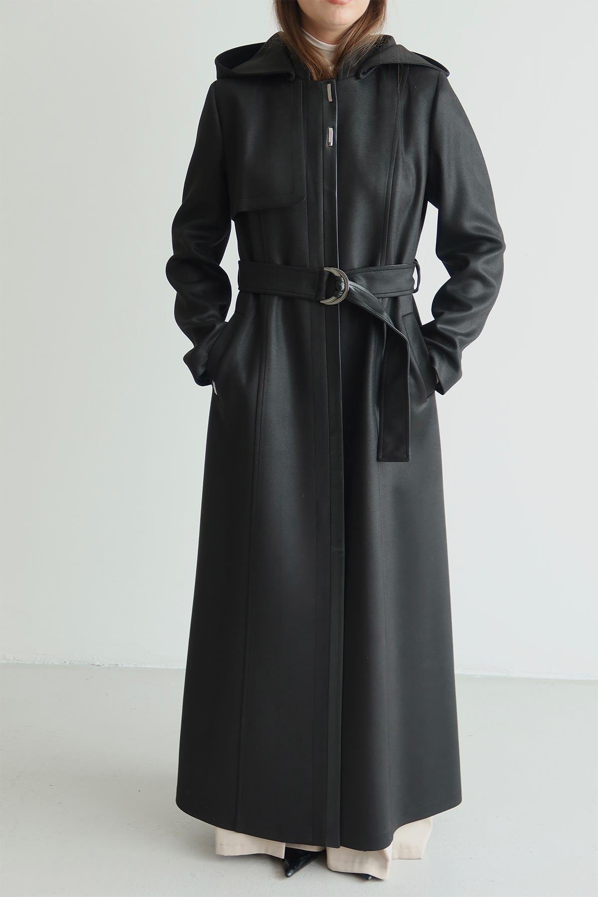 Çıkabilir Kapüşonlu Deri Garnili Gabardin Süet Görünümlü Pardesü SİYAH 6806