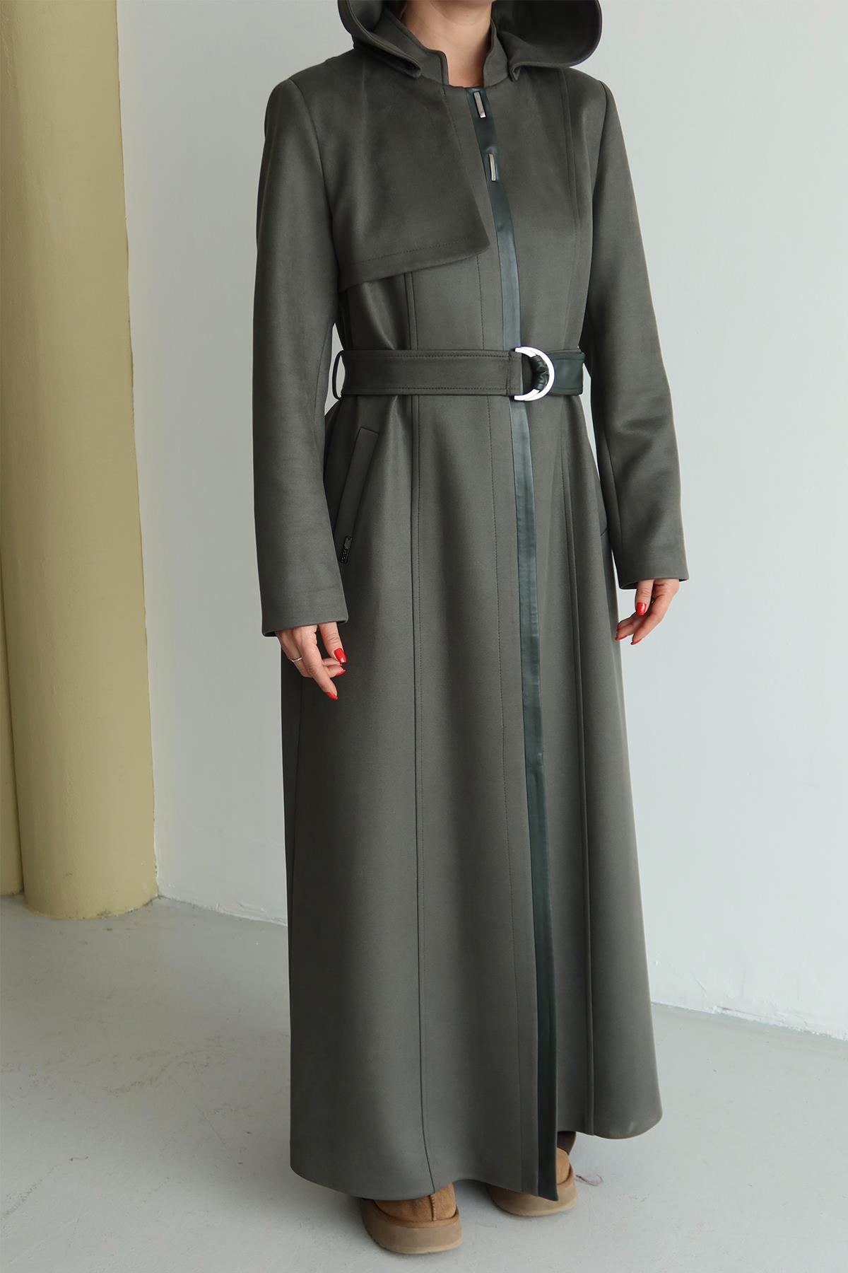 Çıkabilir Kapüşonlu Deri Garnili Gabardin Süet Görünümlü Pardesü YEŞİL 6806