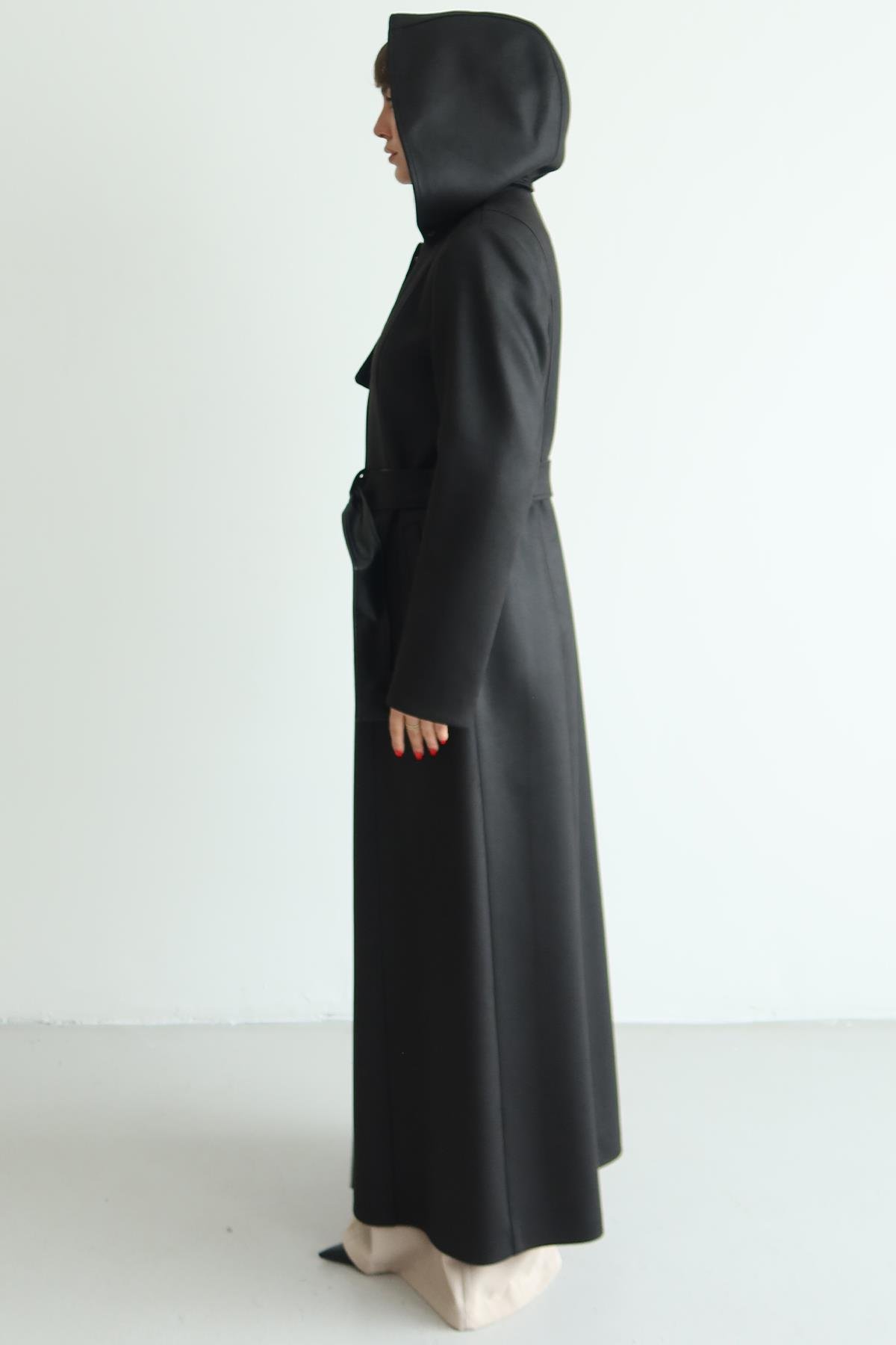 Çıkabilir Kapüşonlu Deri Garnili Gabardin Süet Görünümlü Pardesü SİYAH 6806