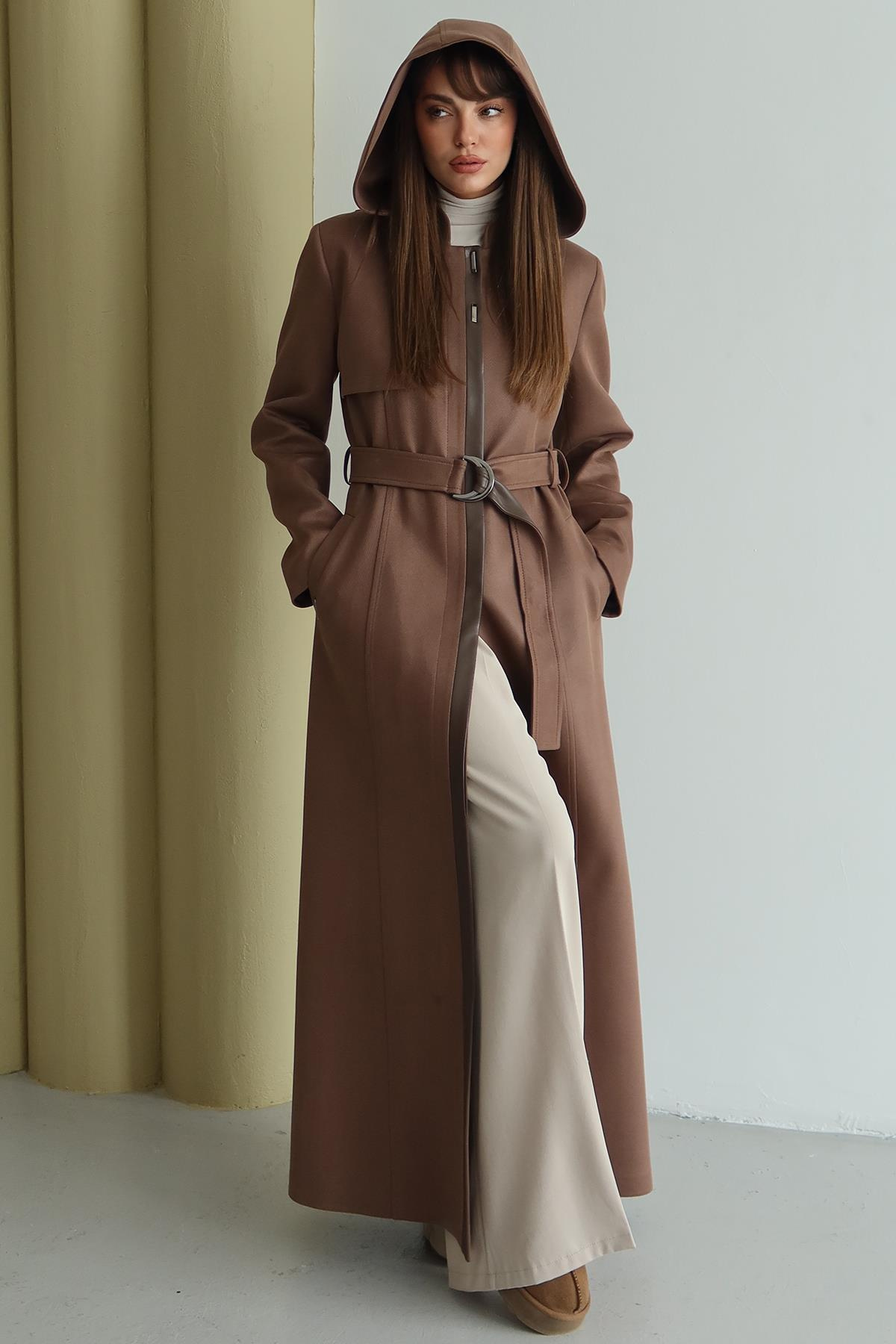 Çıkabilir Kapüşonlu Deri Garnili Gabardin Süet Görünümlü Pardesü A.KAHVE 6806