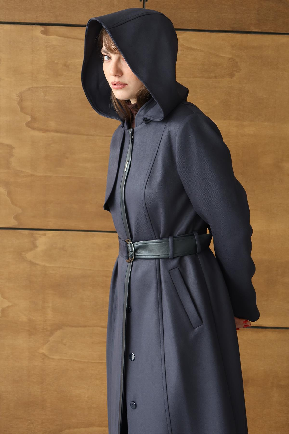 Çıkabilir Kapüşonlu Deri Garnili Gabardin Süet Görünümlü Pardesü LACİVERT 6806