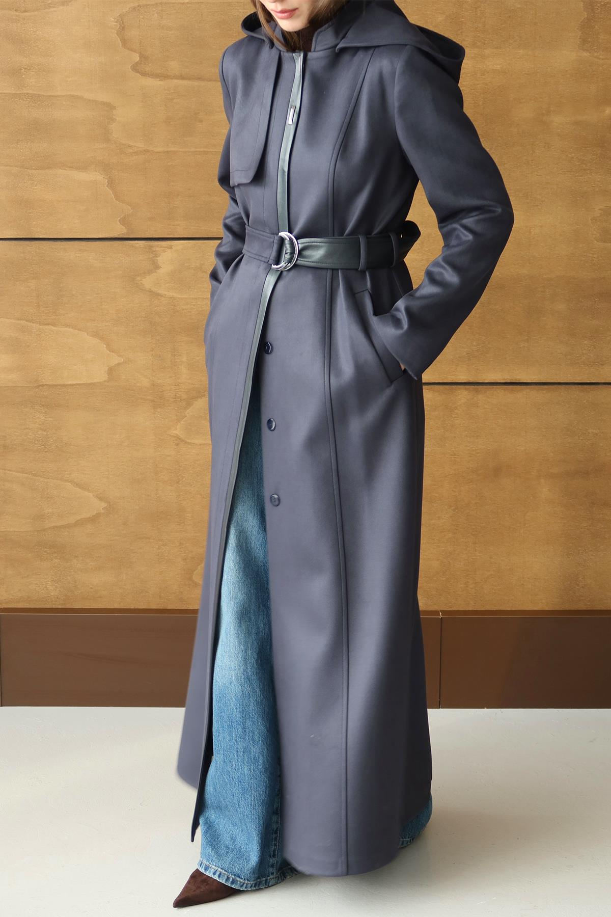 Çıkabilir Kapüşonlu Deri Garnili Gabardin Süet Görünümlü Pardesü LACİVERT 6806