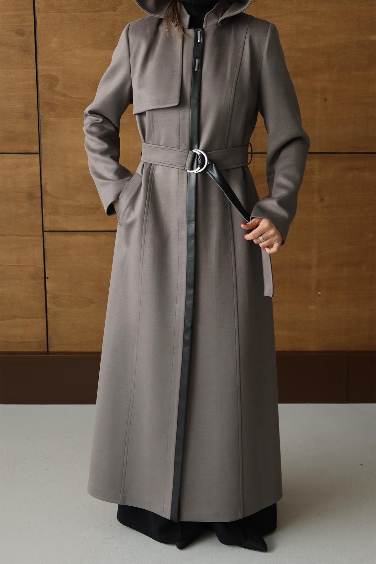 Çıkabilir Kapüşonlu Deri Garnili Gabardin Süet Görünümlü Pardesü GRİ 6806