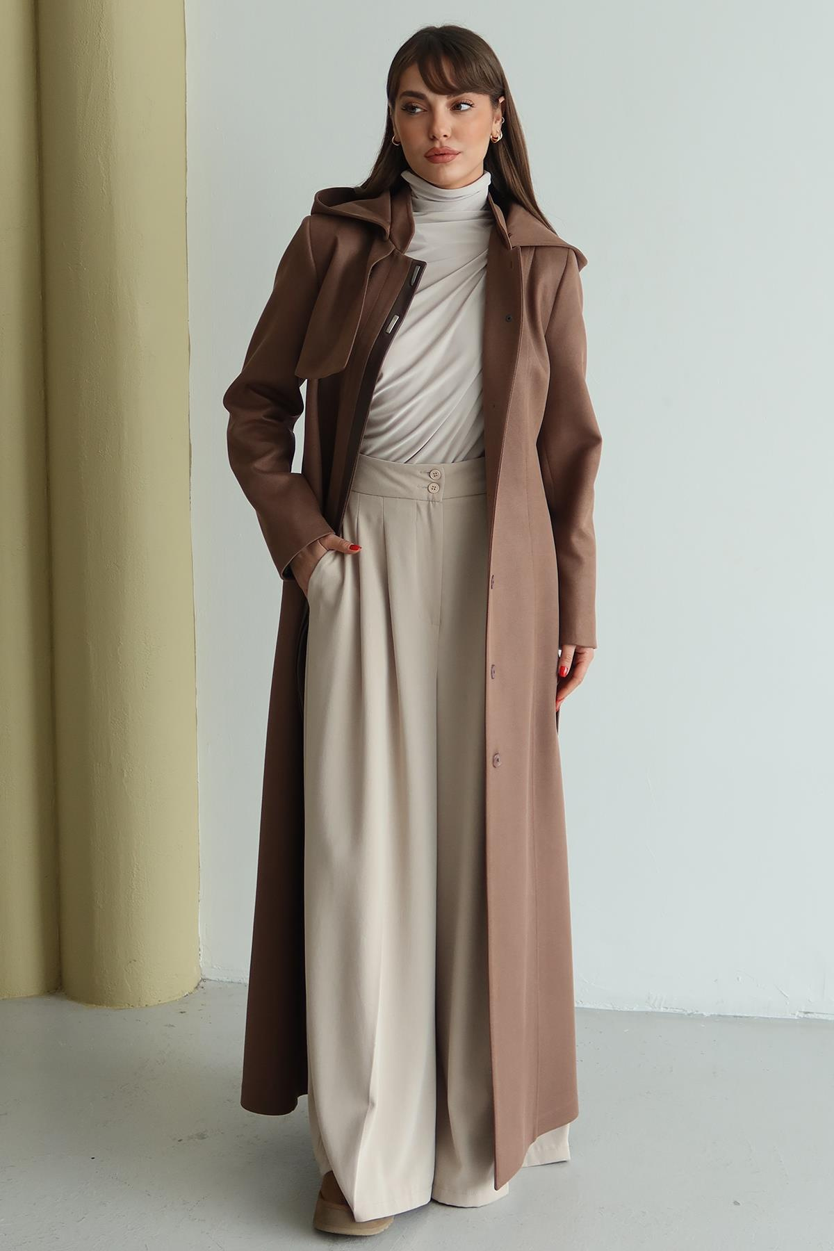 Çıkabilir Kapüşonlu Deri Garnili Gabardin Süet Görünümlü Pardesü A.KAHVE 6806