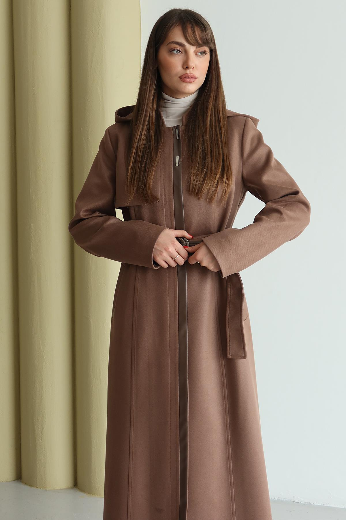 Çıkabilir Kapüşonlu Deri Garnili Gabardin Süet Görünümlü Pardesü A.KAHVE 6806