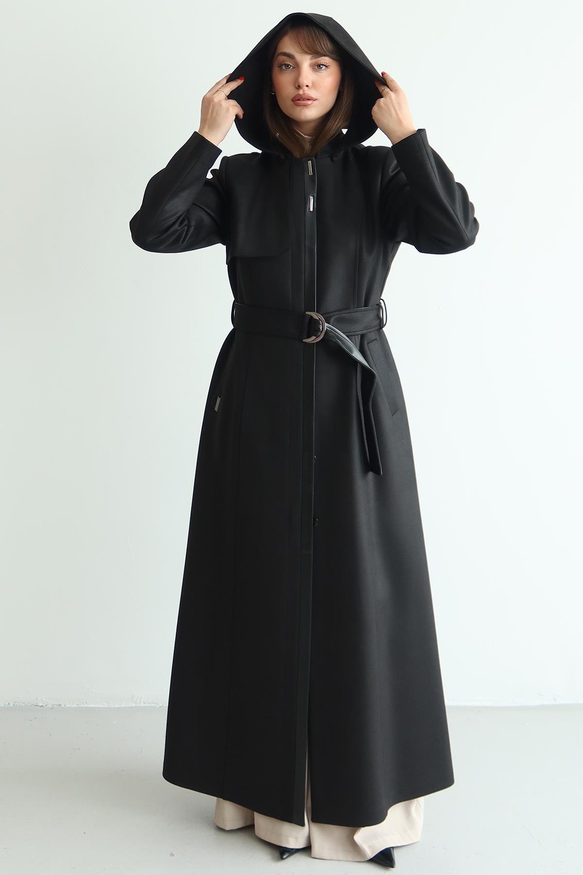 Çıkabilir Kapüşonlu Deri Garnili Gabardin Süet Görünümlü Pardesü SİYAH 6806