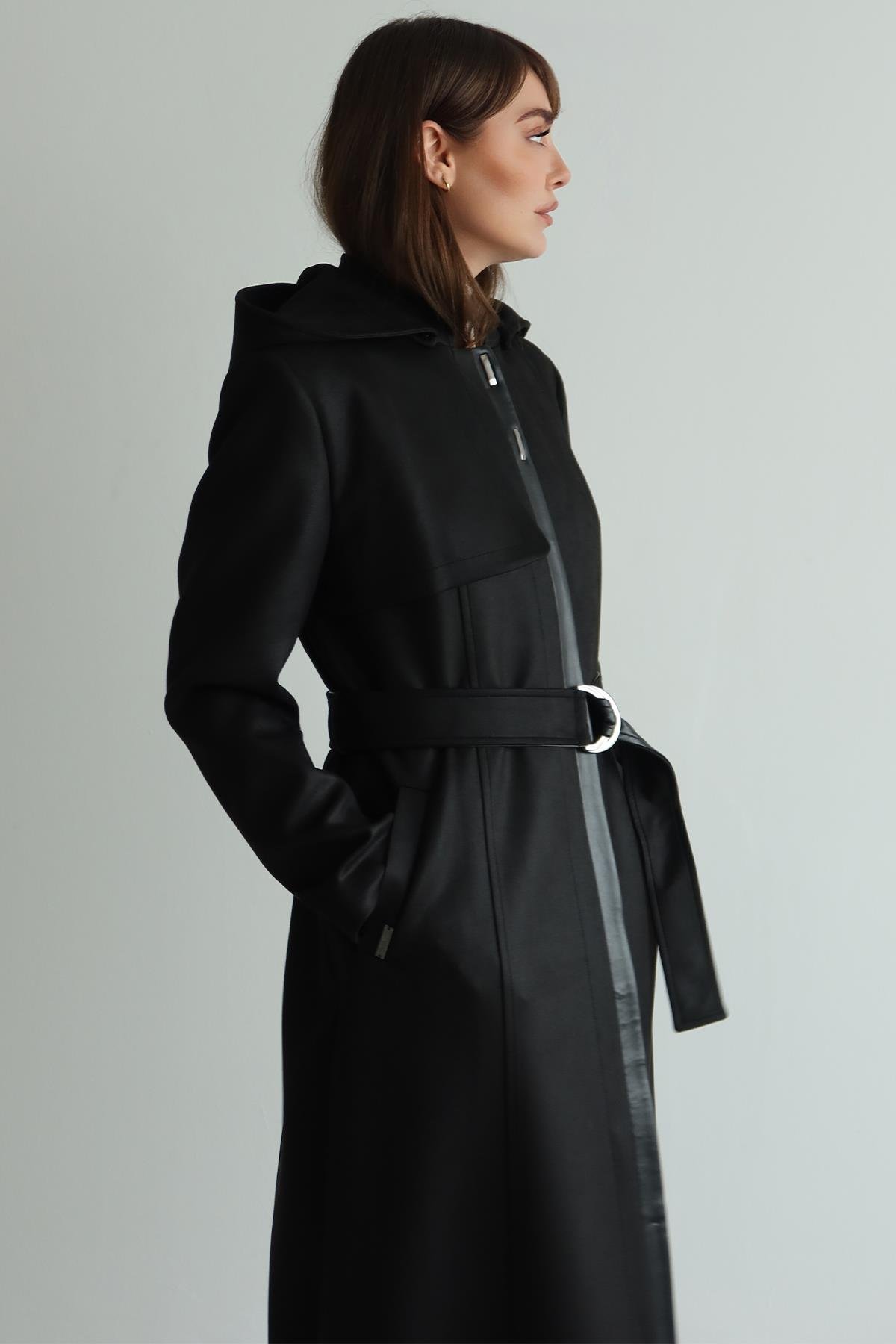 Çıkabilir Kapüşonlu Deri Garnili Gabardin Süet Görünümlü Pardesü SİYAH 6806