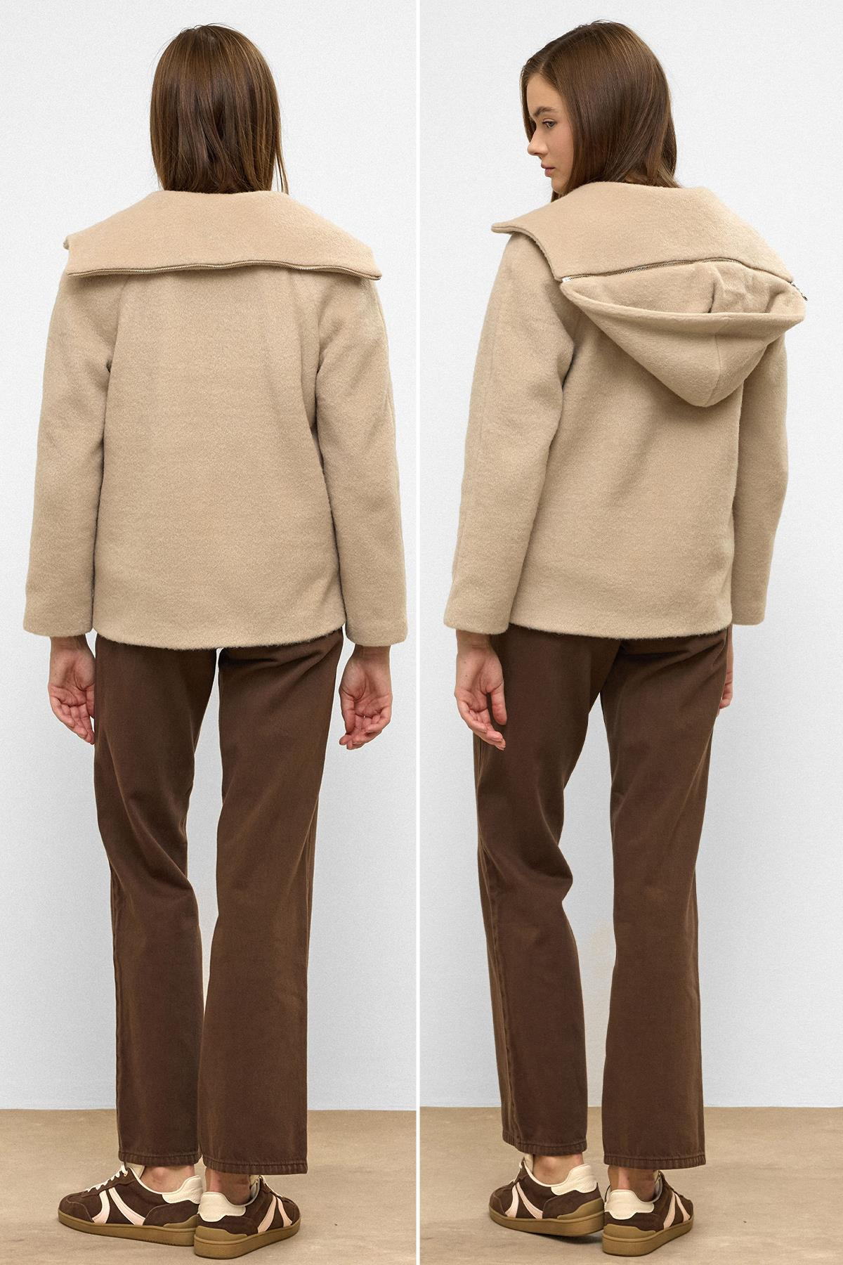 Çıkabilir Kapüşonlu Fermuar Detaylı Oversize Kaban KOYU BEJ 3128