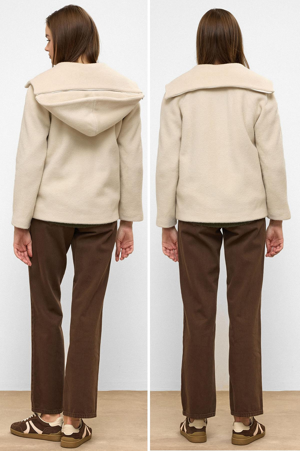 Çıkabilir Kapüşonlu Fermuar Detaylı Oversize Kaban BEJ 3128