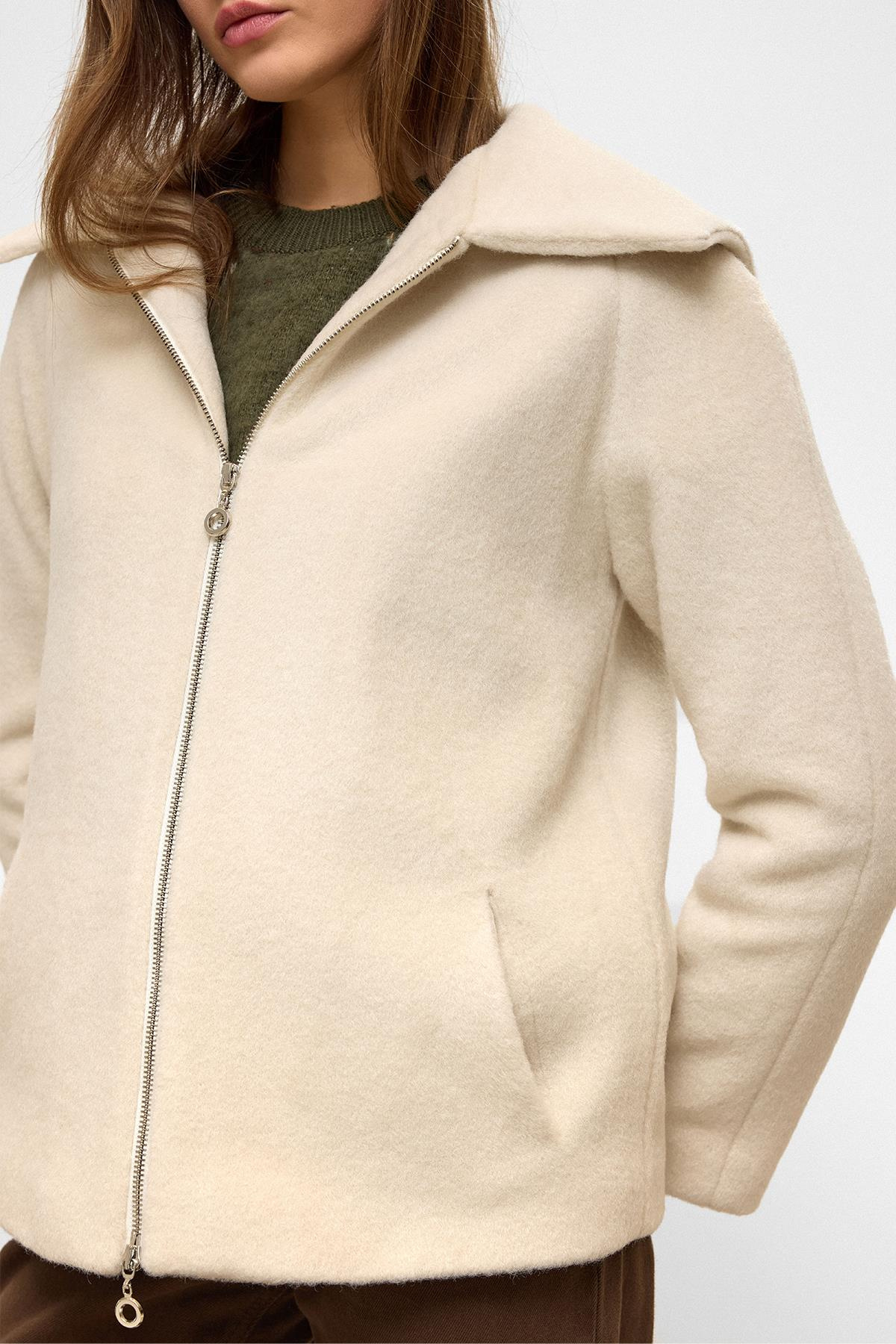 Çıkabilir Kapüşonlu Fermuar Detaylı Oversize Kaban BEJ 3128