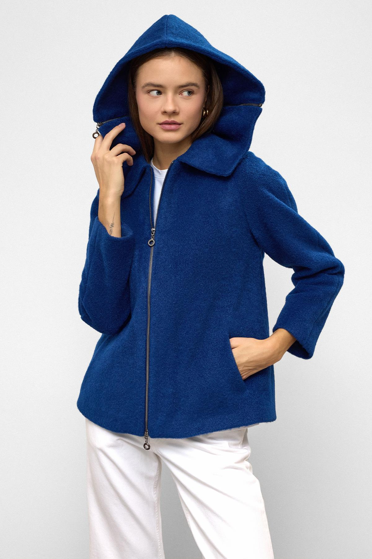 Çıkabilir Kapüşonlu Fermuar Detaylı Oversize Kaban SAKS 3128