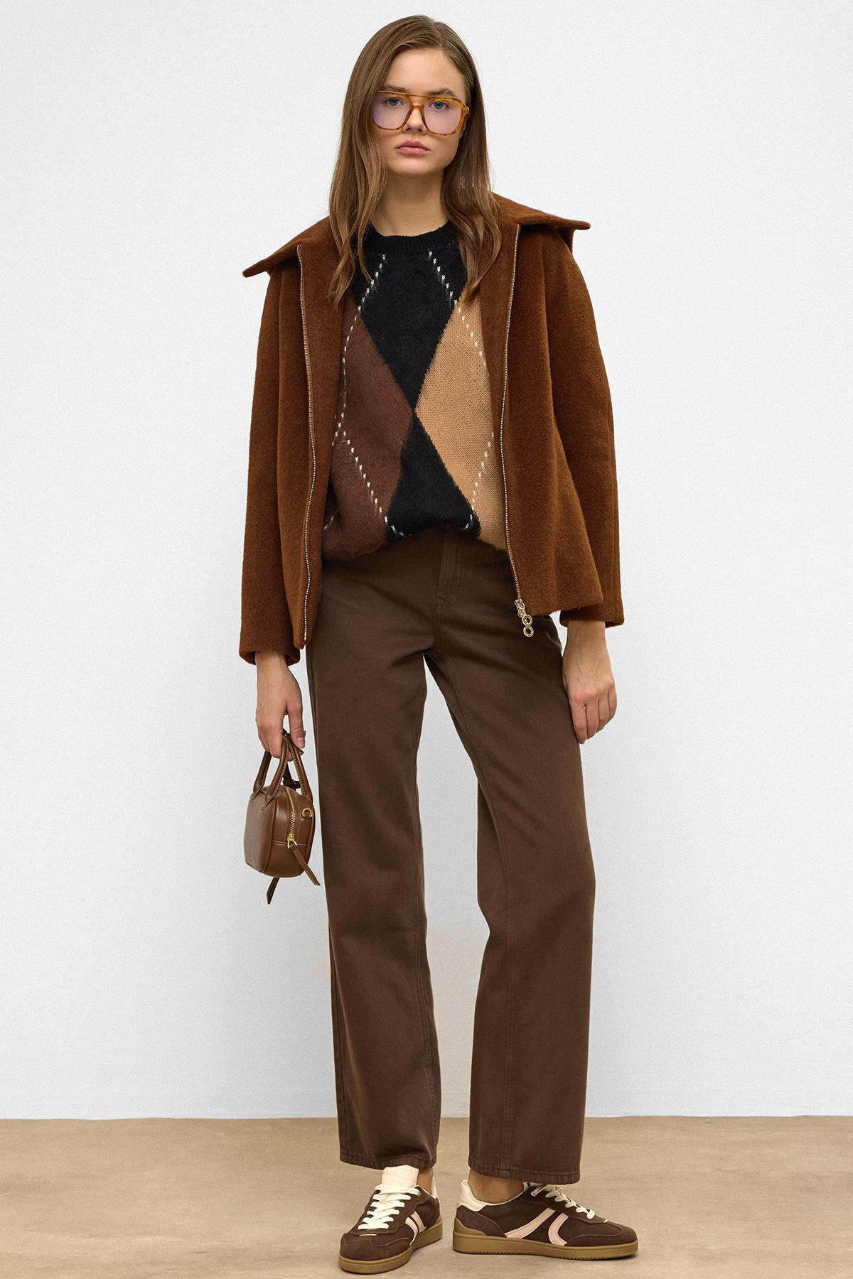 Çıkabilir Kapüşonlu Fermuar Detaylı Oversize Kaban KAHVE 3128